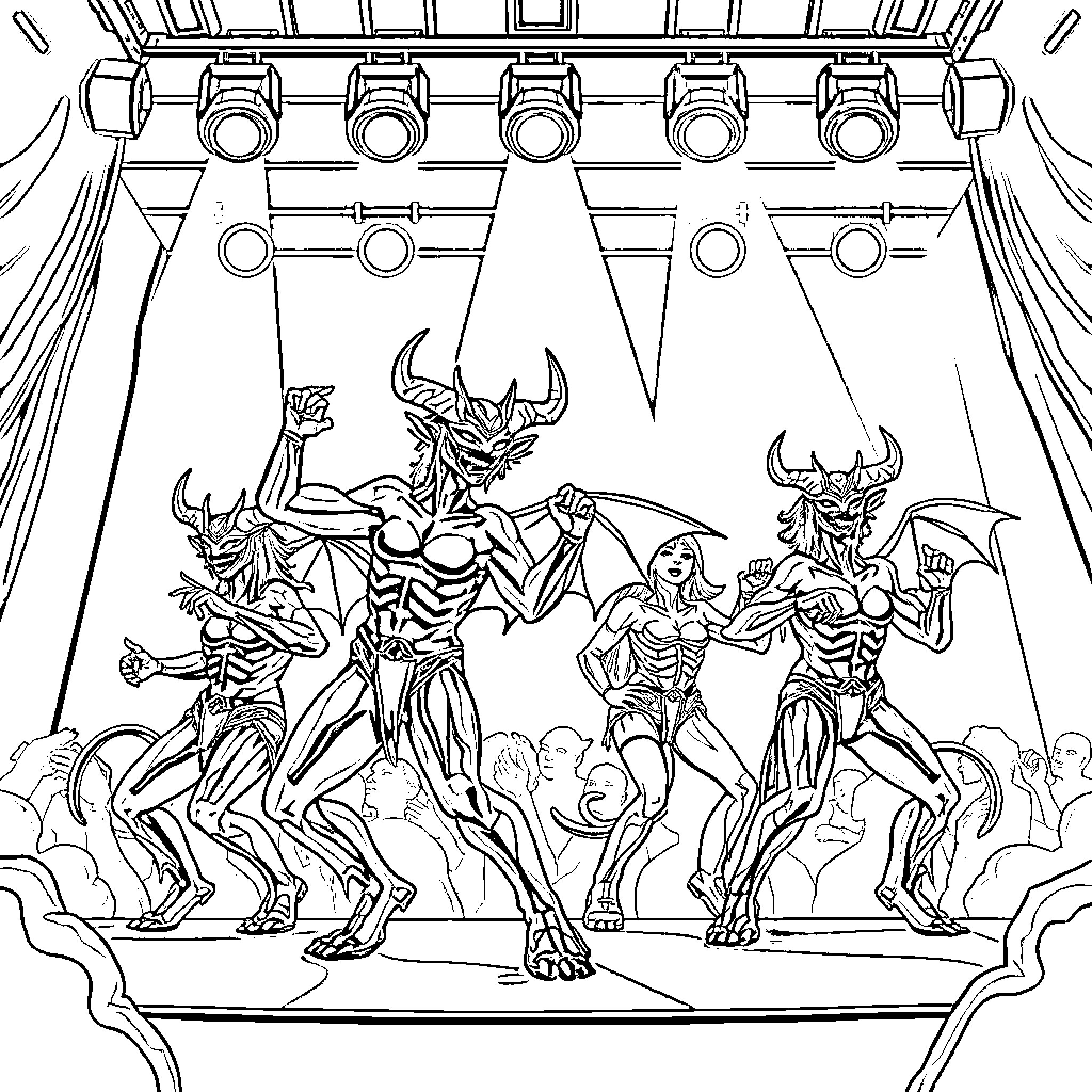 Kpop Demon Idols Performing on Stage Coloring Page (free black-and-white line drawing printable PDF for all, from beginners to advanced learners, including children, teens, adults, and seniors)