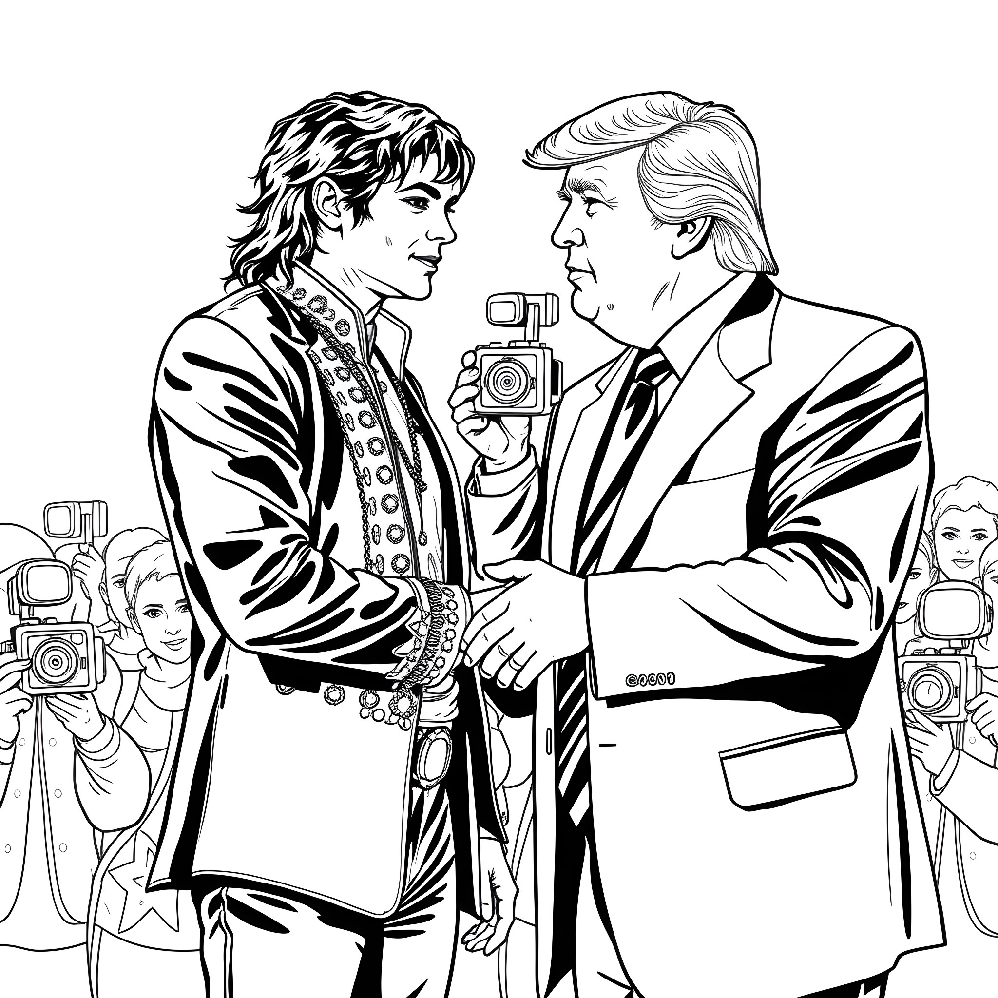 Michael Jackson and Donald Trump at a press event Coloring Page (free black-and-white line drawing printable PDF for all, from beginners to advanced learners, including children, teens, adults, and seniors)