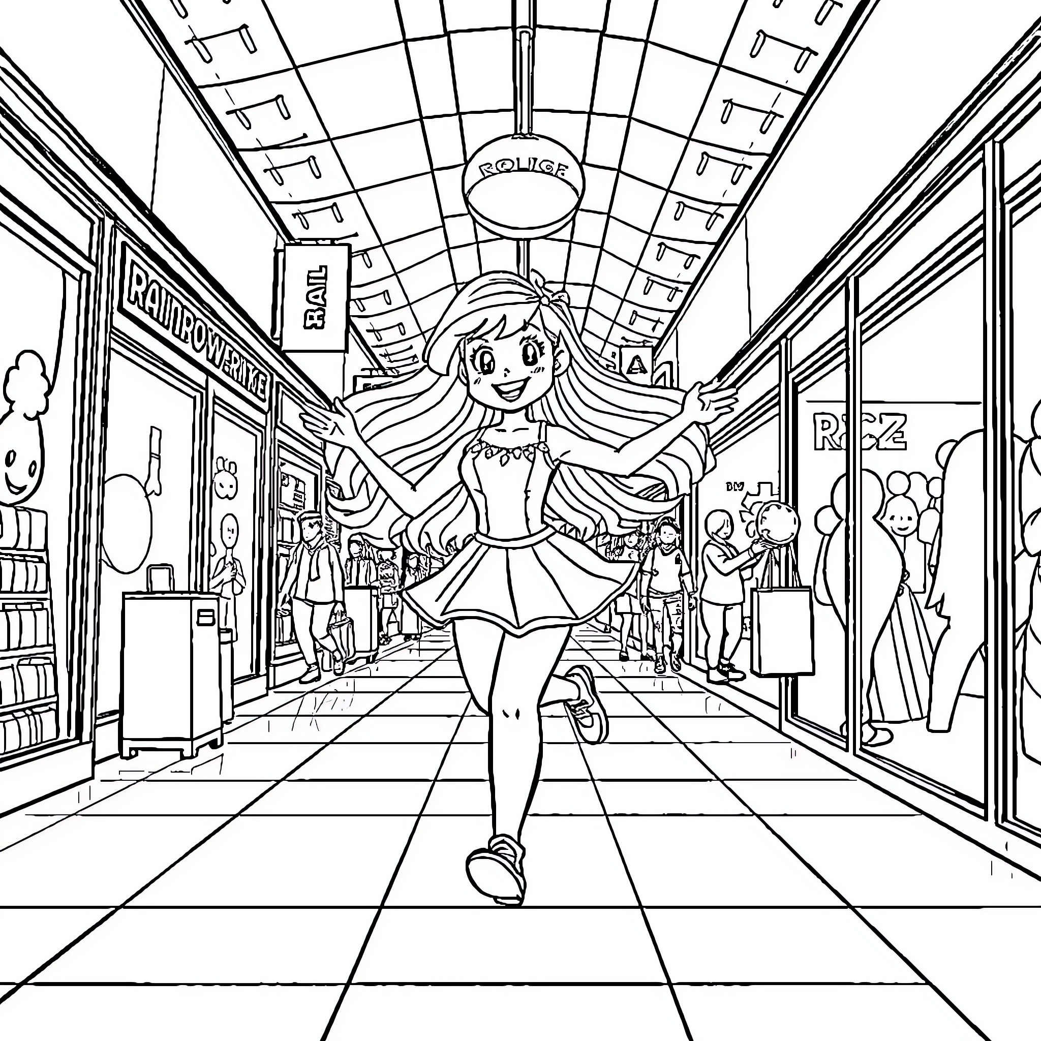 Rainbow Brite's joyful dance in a vibrant shopping mall Coloring Page (free black-and-white line drawing printable PDF for all, from beginners to advanced learners, including children, teens, adults, and seniors)
