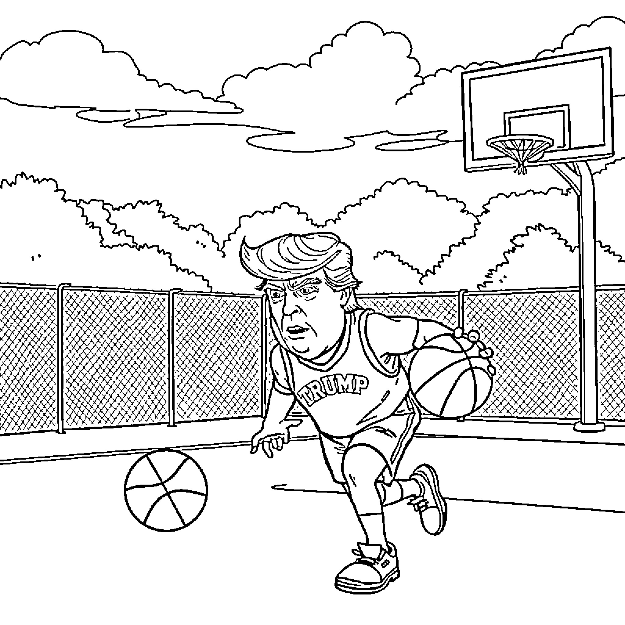 Trump Playing Basketball on Outdoor Court Coloring Page (free black-and-white line drawing printable PDF for all, from beginners to advanced learners, including children, teens, adults, and seniors)