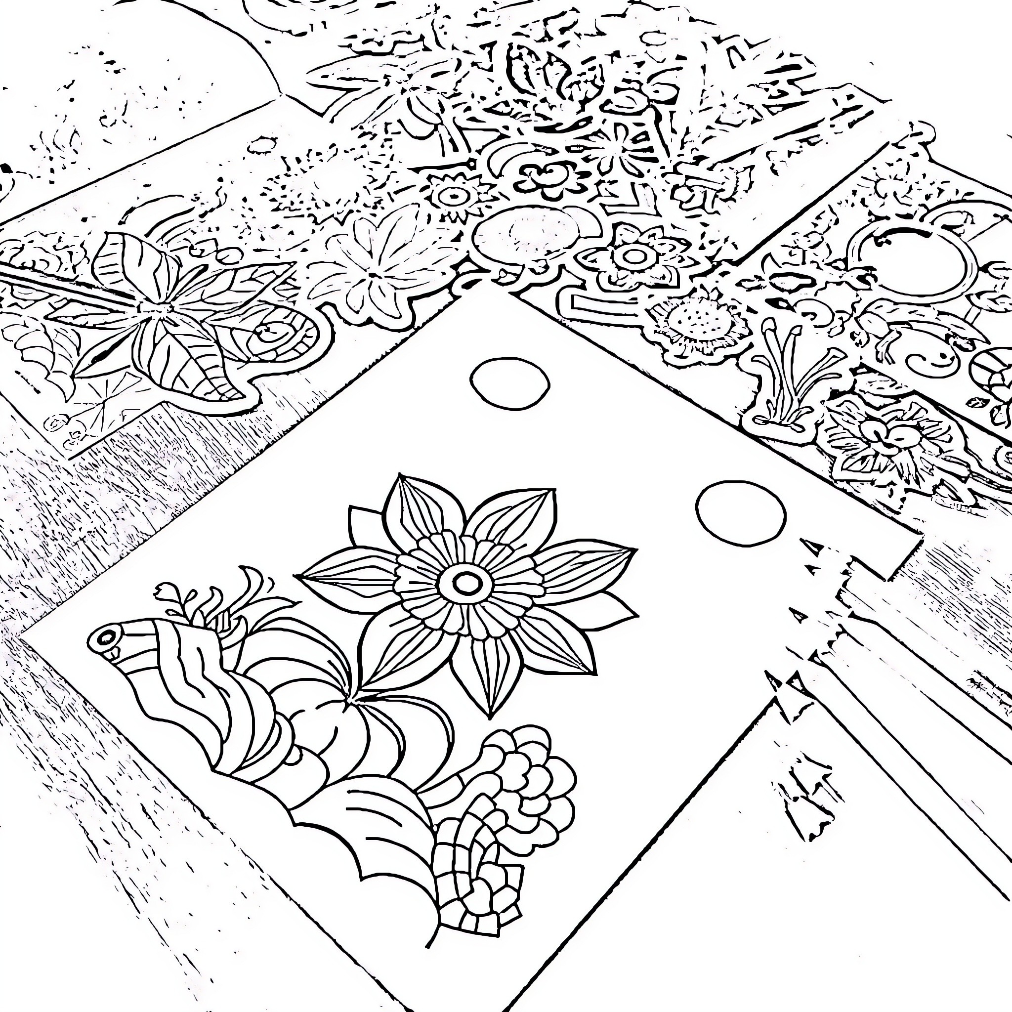 Sticker with intricate floral and nature designs Coloring Page (free black-and-white line drawing printable PDF for all, from beginners to advanced learners, including children, teens, adults, and seniors)
