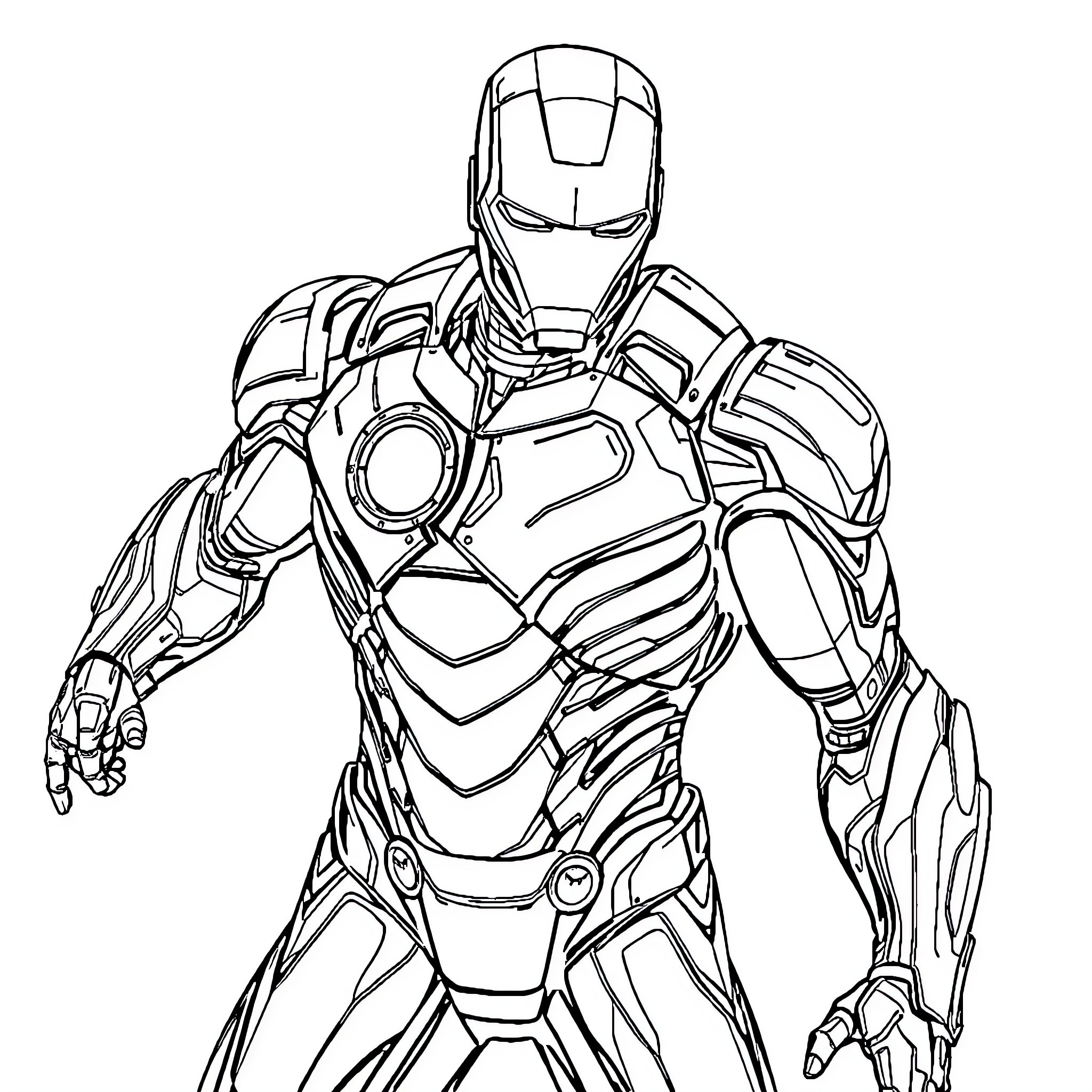 Iron Man in Heroic Pose Coloring Page (free black-and-white line drawing printable PDF for all, from beginners to advanced learners, including children, teens, adults, and seniors)