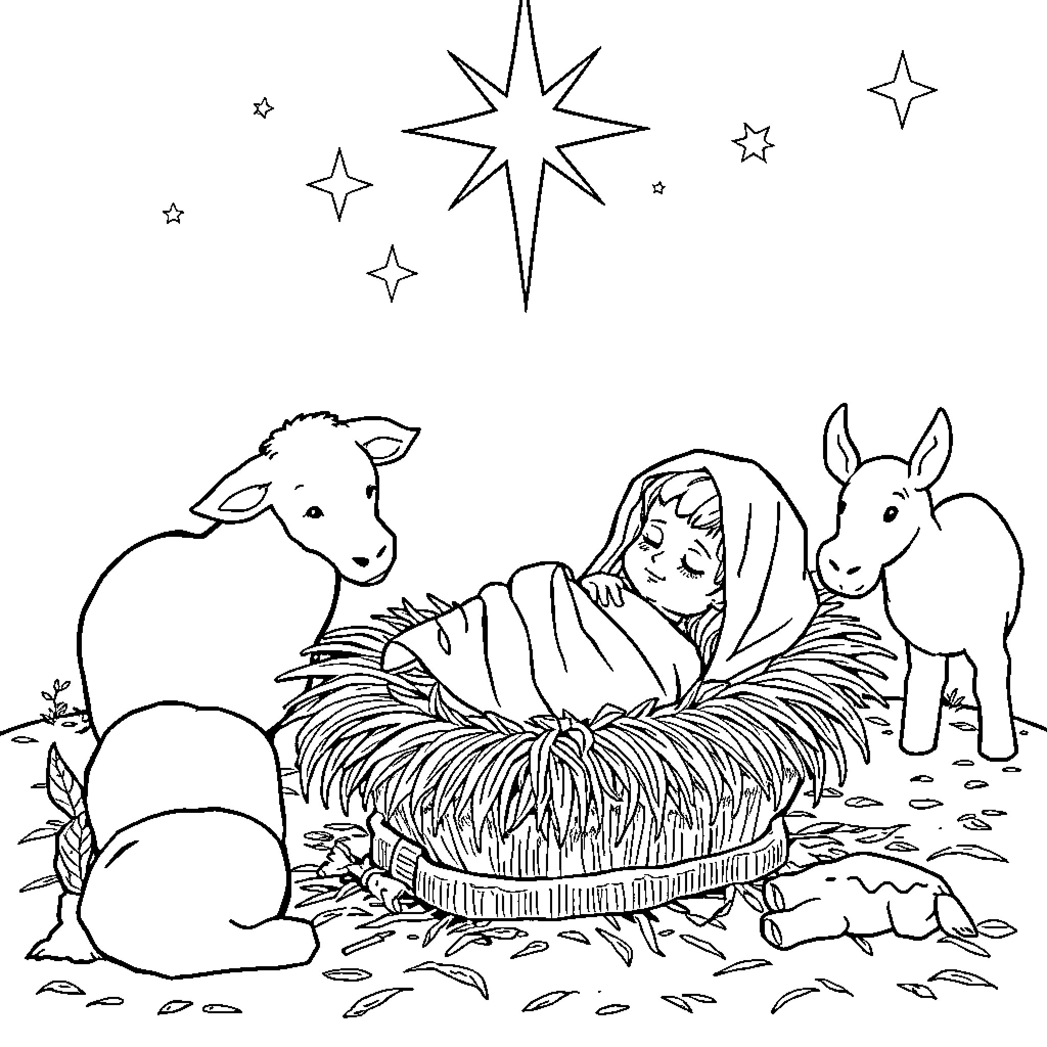 Baby Jesus in the manger with animals Coloring Page (free black-and-white line drawing printable PDF for all, from beginners to advanced learners, including children, teens, adults, and seniors)