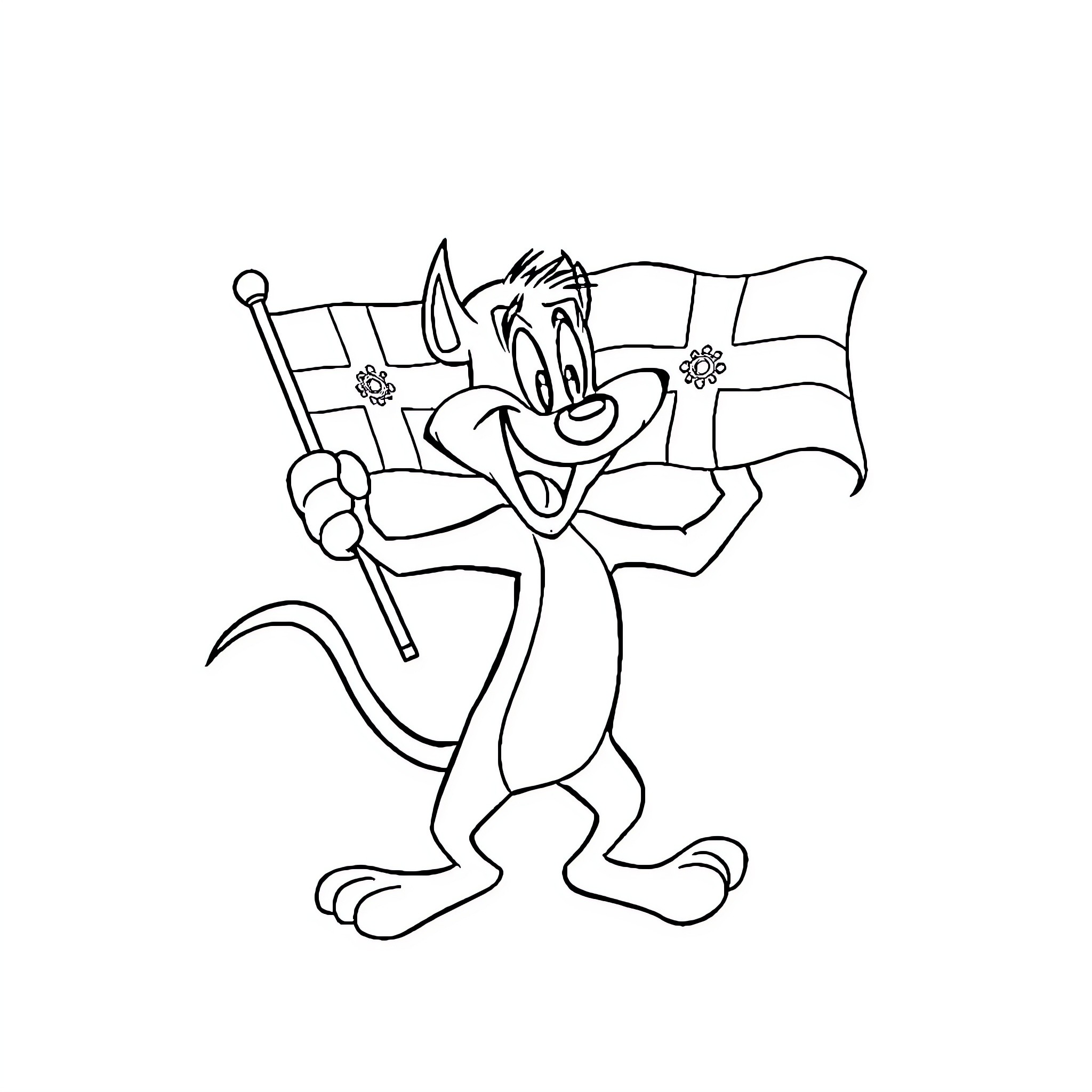 Taz waving a flag joyfully Coloring Page (free black-and-white line drawing printable PDF for all, from beginners to advanced learners, including children, teens, adults, and seniors)