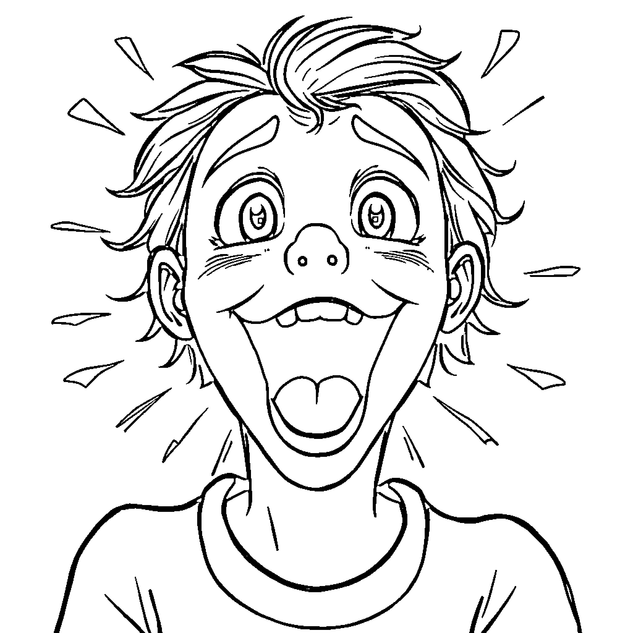 Wow, Energetic and Expressive Cartoon Figure Coloring Page (free black-and-white line drawing printable PDF for all, from beginners to advanced learners, including children, teens, adults, and seniors)