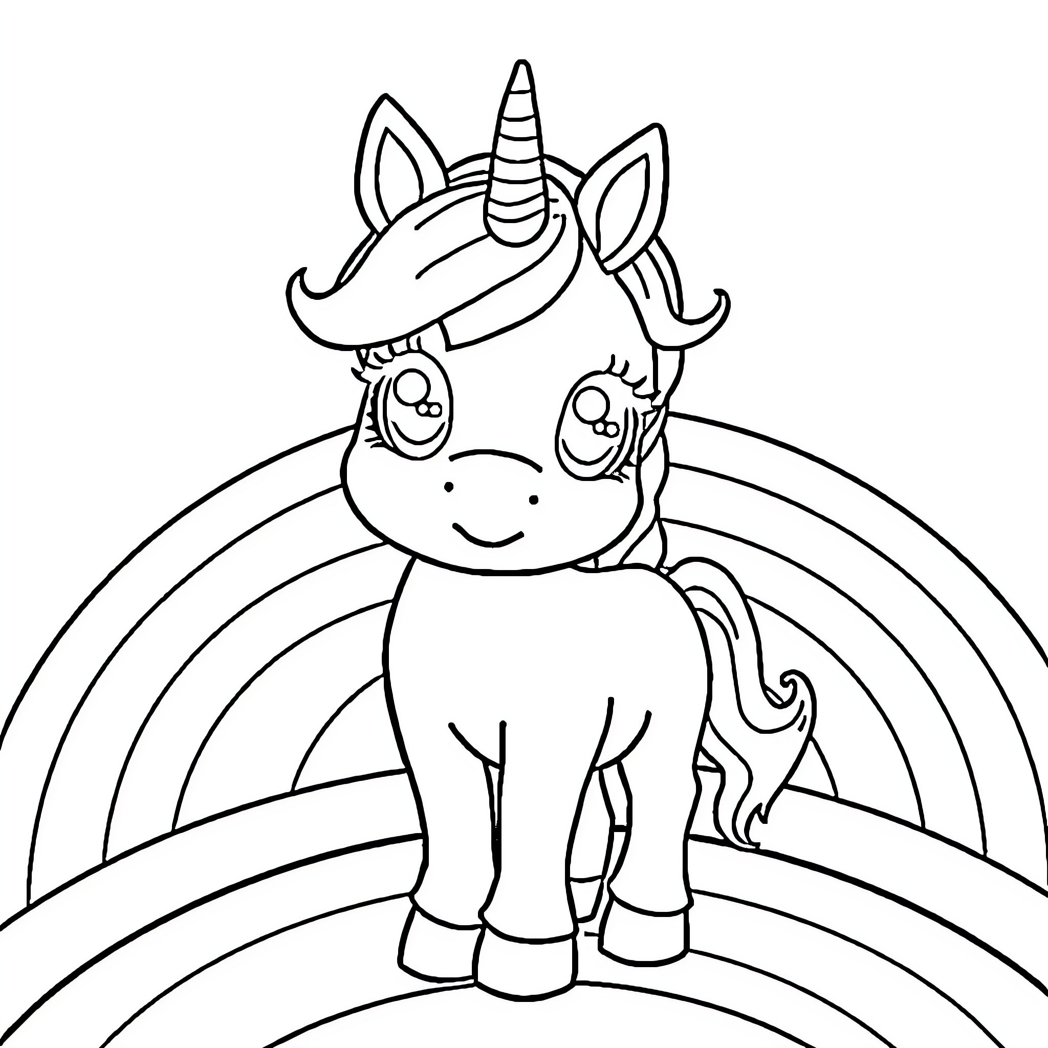 Unicorn with a happy expression in front of a rainbow Coloring Page (free black-and-white line drawing printable PDF for all, from beginners to advanced learners, including children, teens, adults, and seniors)