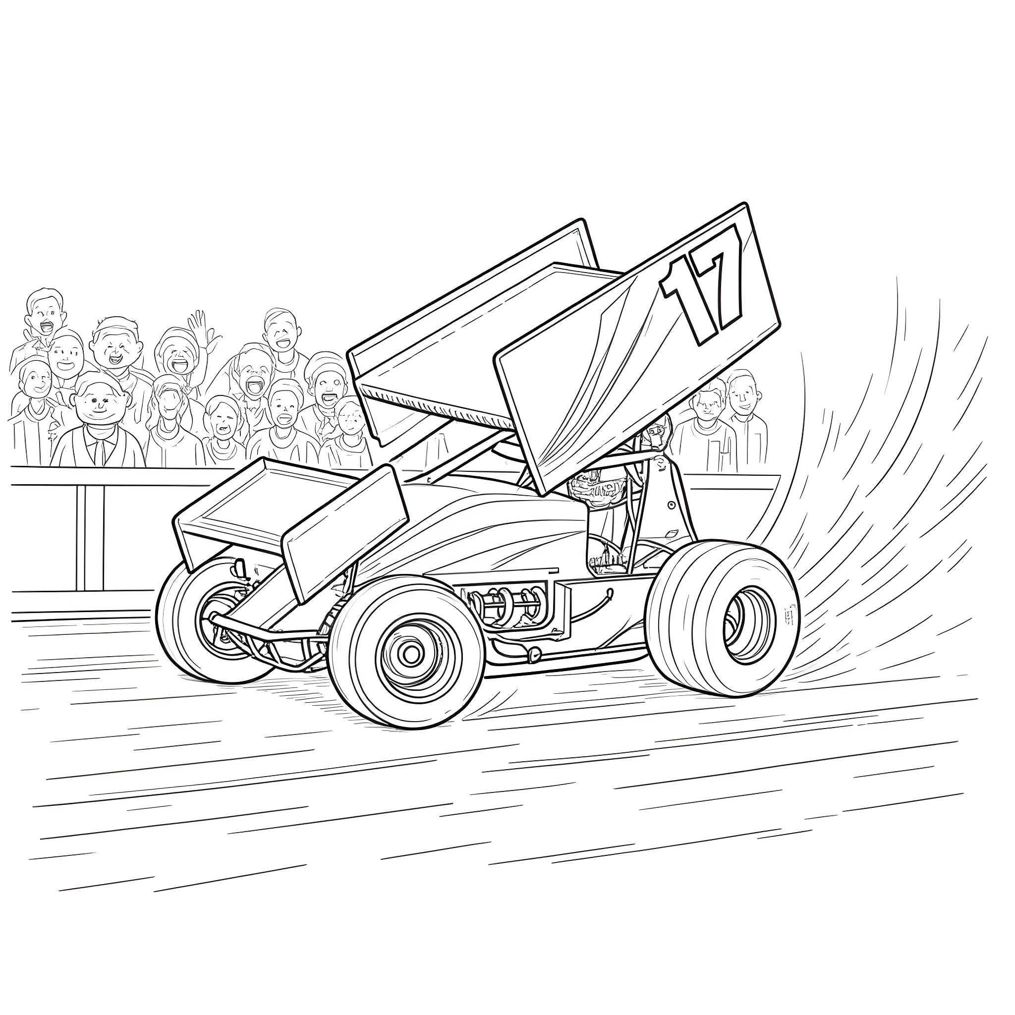 Sprint Car Speeding Through the Race Track Coloring Page (free black-and-white line drawing printable PDF for all, from beginners to advanced learners, including children, teens, adults, and seniors)