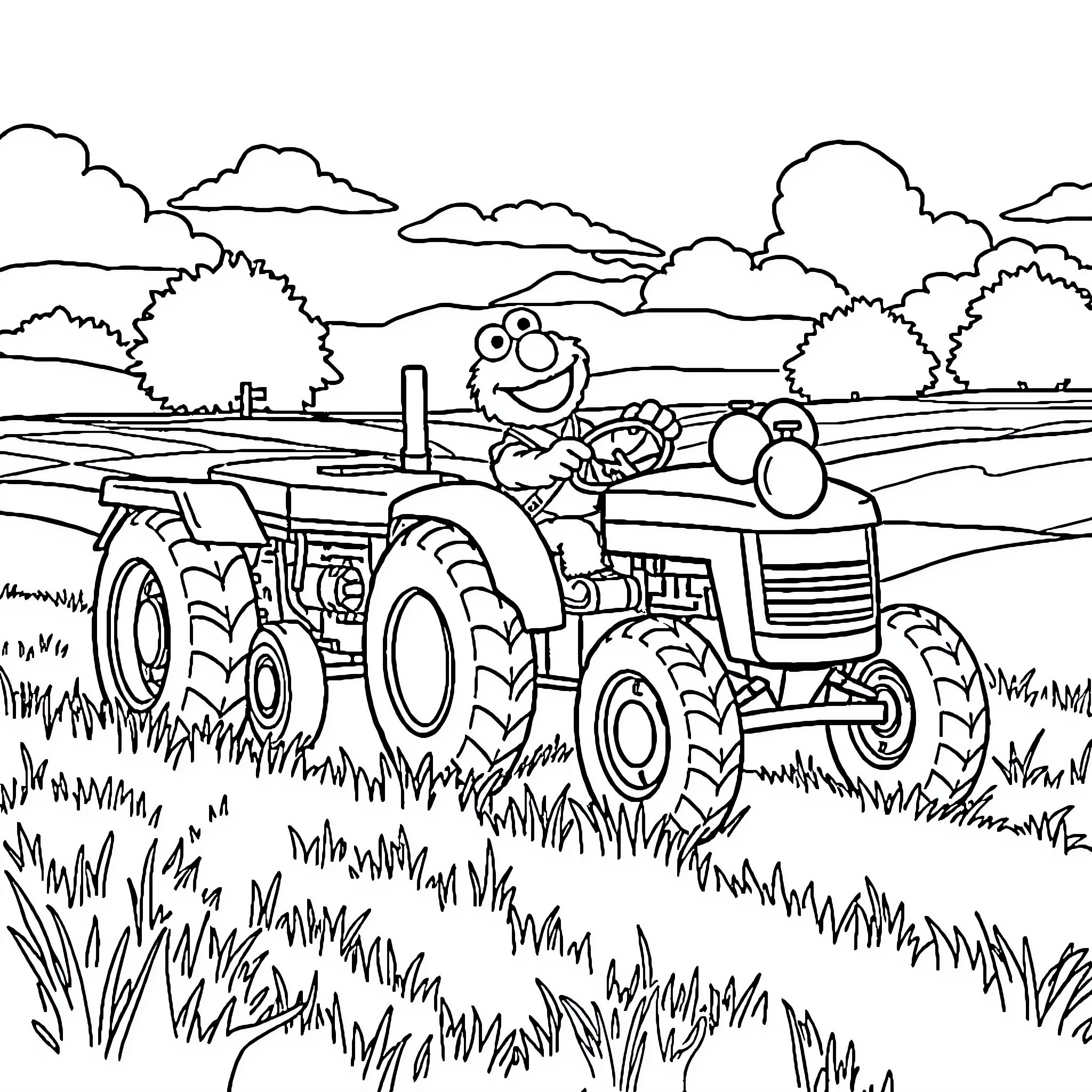 Elmo driving a tractor through the countryside Coloring Page (free black-and-white line drawing printable PDF for all, from beginners to advanced learners, including children, teens, adults, and seniors)