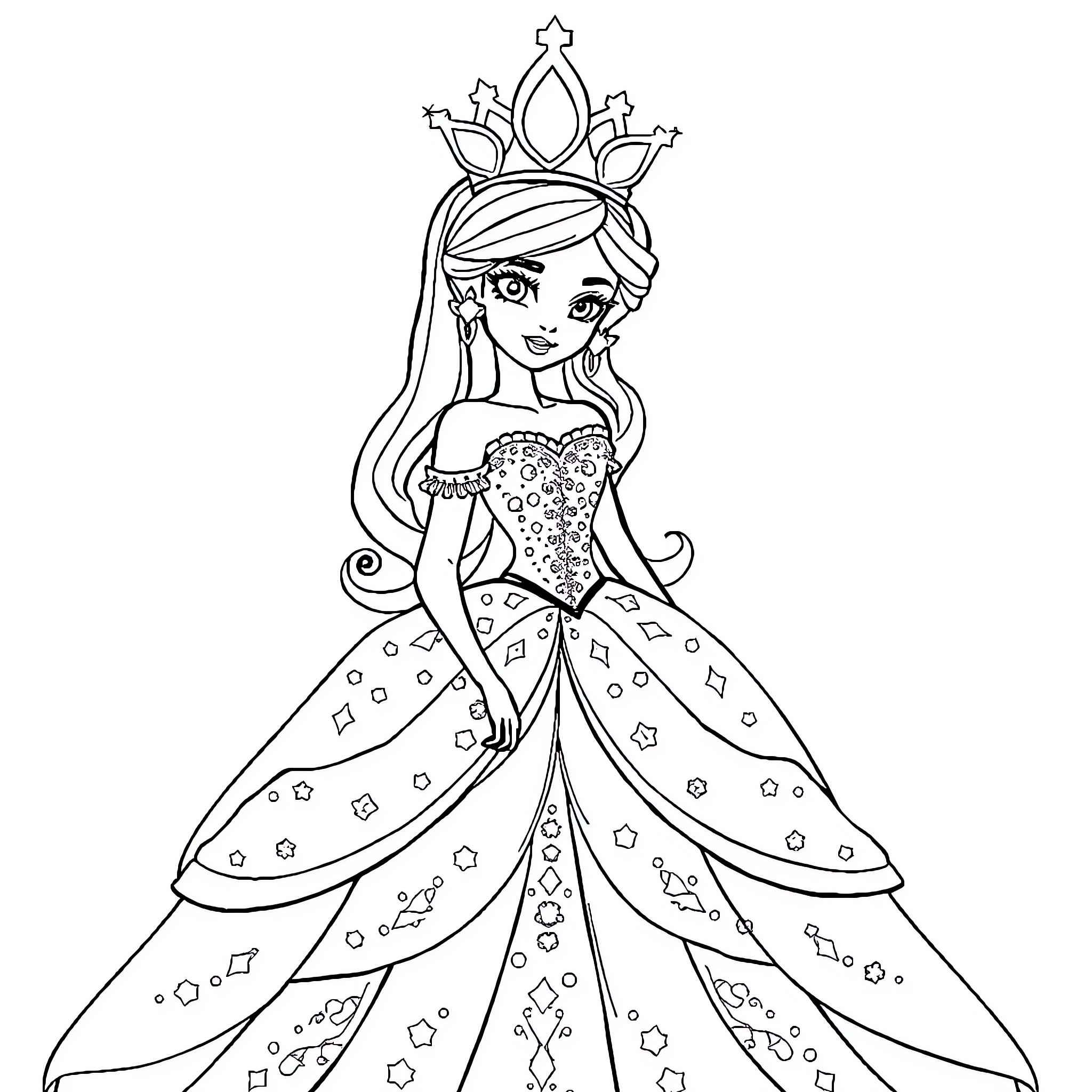 Princess in Sparkling Gown and Crown Coloring Page (free black-and-white line drawing printable PDF for all, from beginners to advanced learners, including children, teens, adults, and seniors)