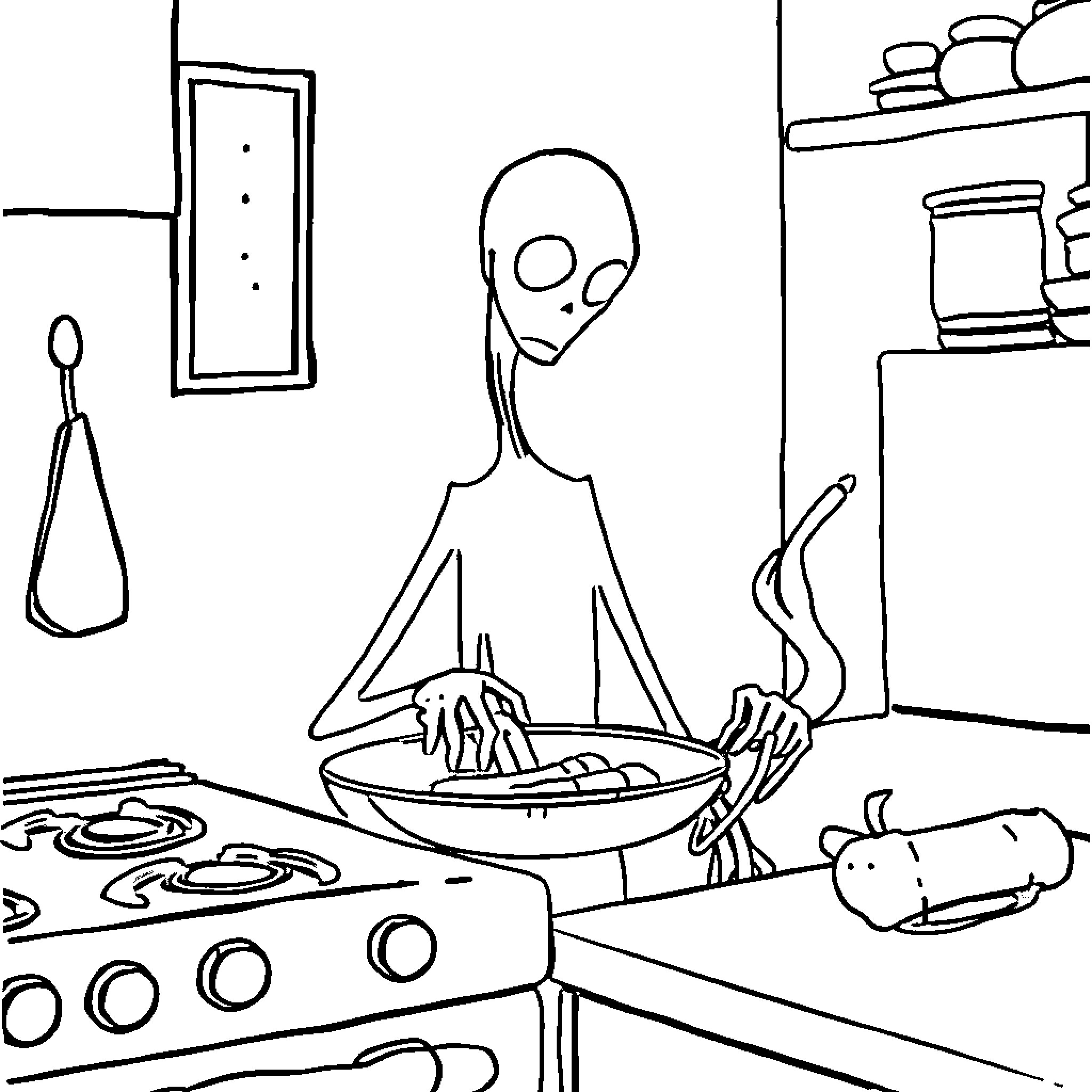 Slenderman cooking a strange meal in the kitchen Coloring Page (free black-and-white line drawing printable PDF for all, from beginners to advanced learners, including children, teens, adults, and seniors)