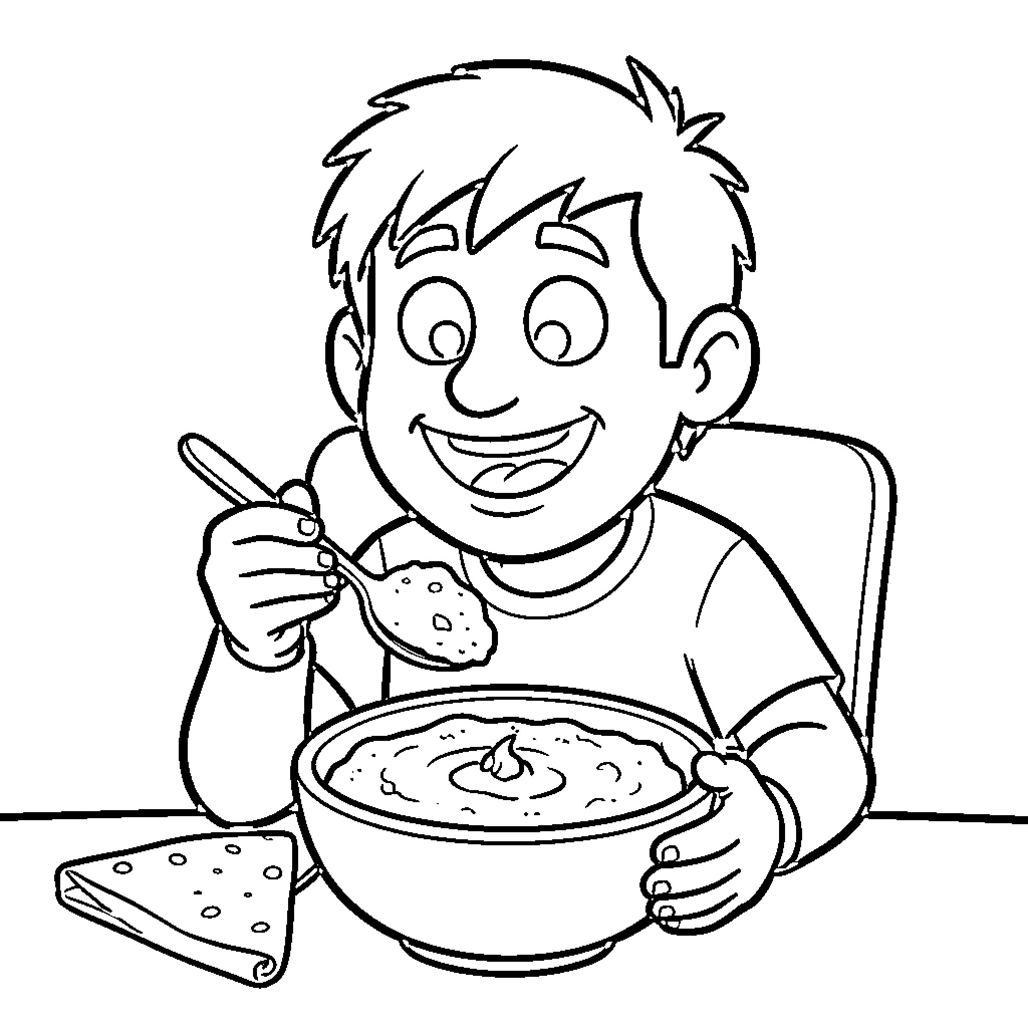 Numan eating a large bowl of porridge happily Coloring Page (free black-and-white line drawing printable PDF for all, from beginners to advanced learners, including children, teens, adults, and seniors)