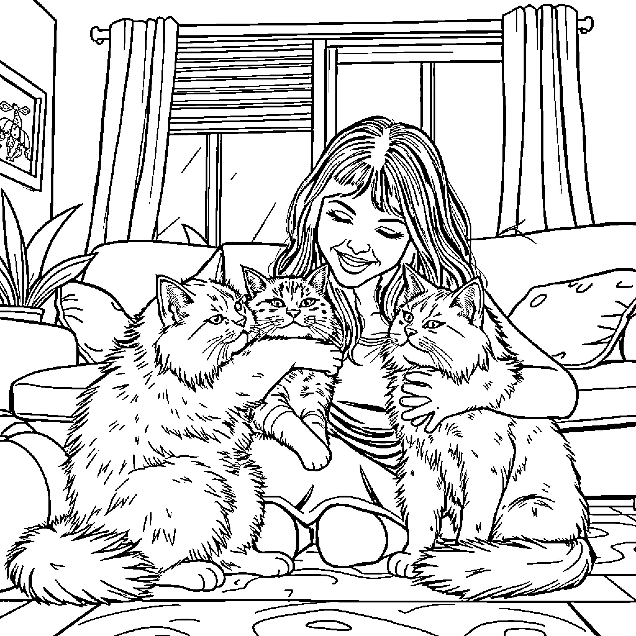 Cat owner cuddling with her feline friends Coloring Page (free black-and-white line drawing printable PDF for all, from beginners to advanced learners, including children, teens, adults, and seniors)