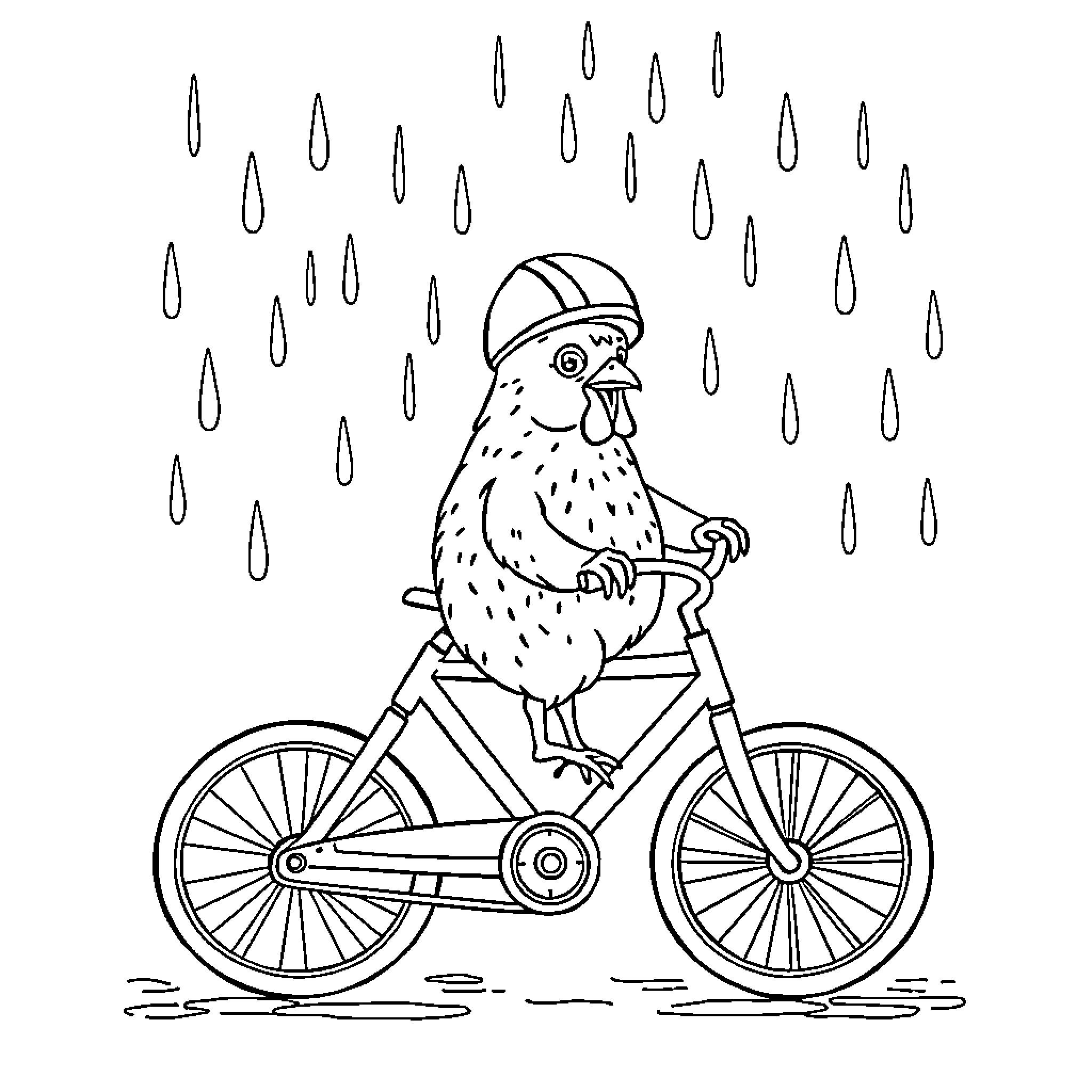 Chicken riding bicycle in the rain Coloring Page (free black-and-white line drawing printable PDF for all, from beginners to advanced learners, including children, teens, adults, and seniors)
