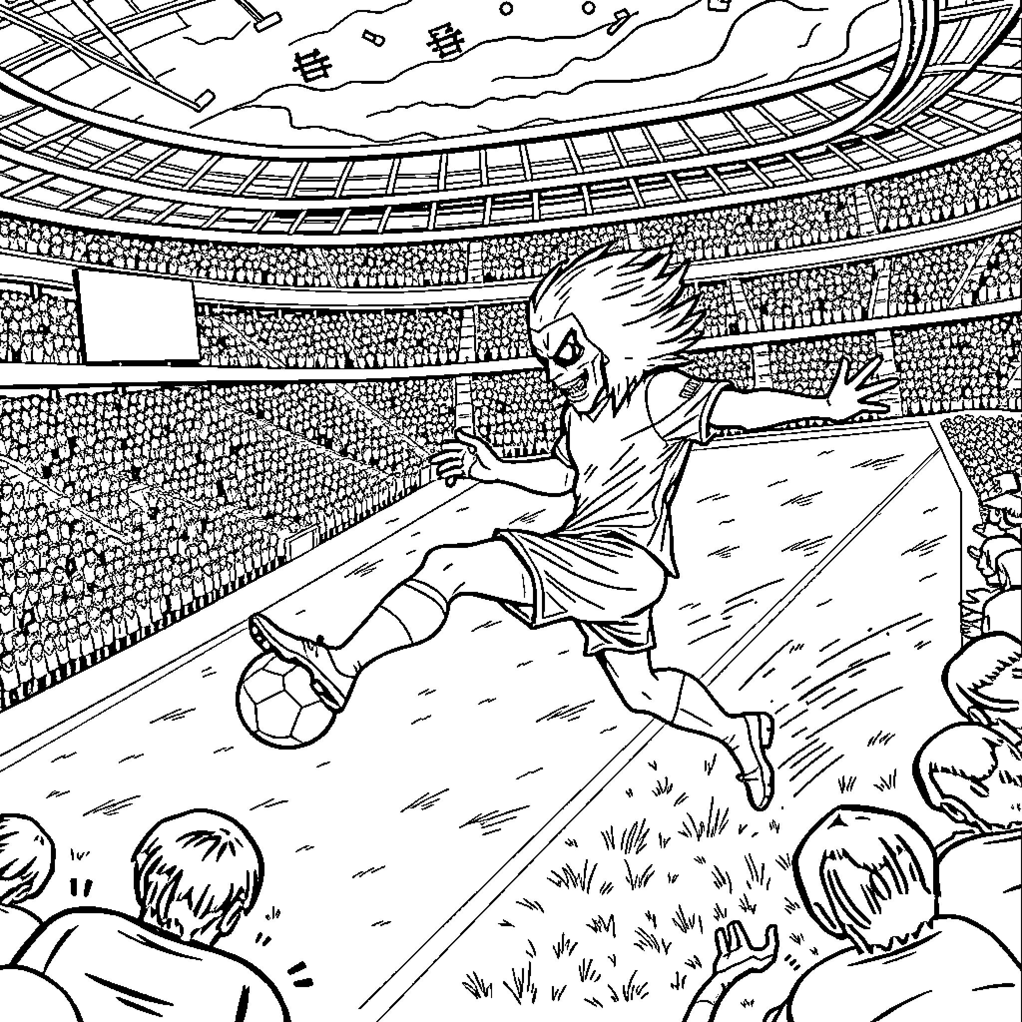 Starscream's Dramatic Soccer Match in the Stadium Coloring Page (free black-and-white line drawing printable PDF for all, from beginners to advanced learners, including children, teens, adults, and seniors)