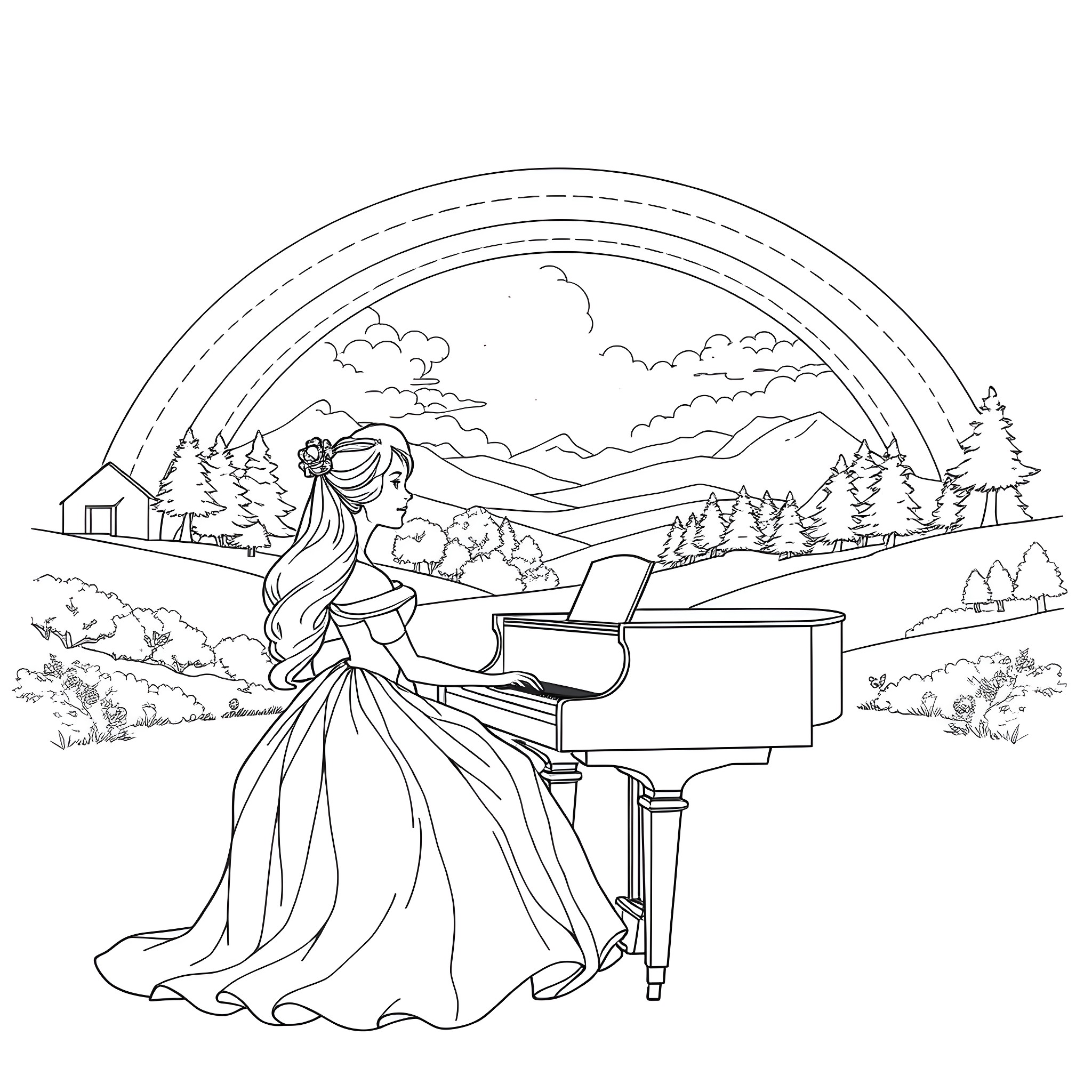 Princess playing piano in a scenic mountain landscape Coloring Page (free black-and-white line drawing printable PDF for all, from beginners to advanced learners, including children, teens, adults, and seniors)
