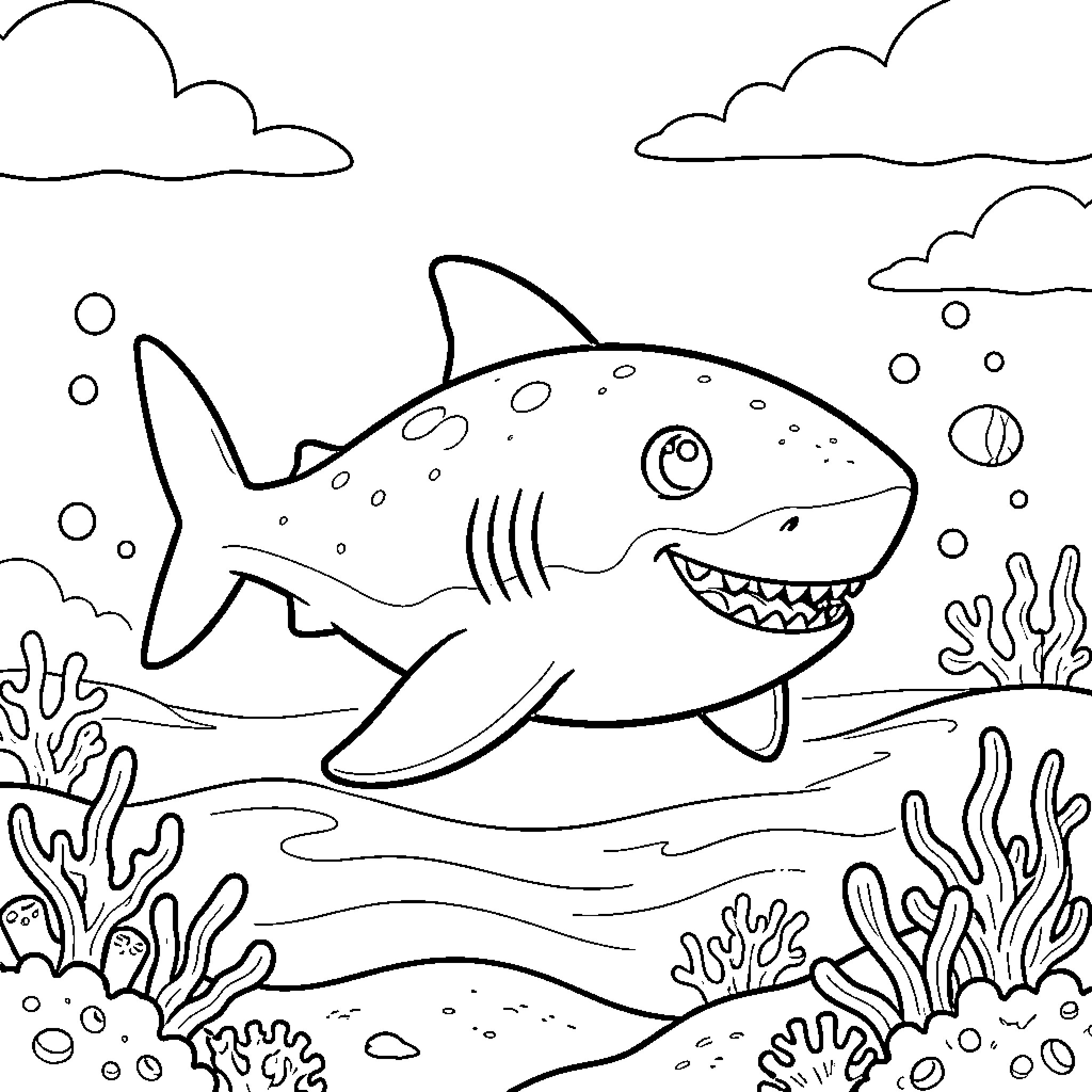 Pancake Shark exploring the underwater scene Coloring Page (free black-and-white line drawing printable PDF for all, from beginners to advanced learners, including children, teens, adults, and seniors)