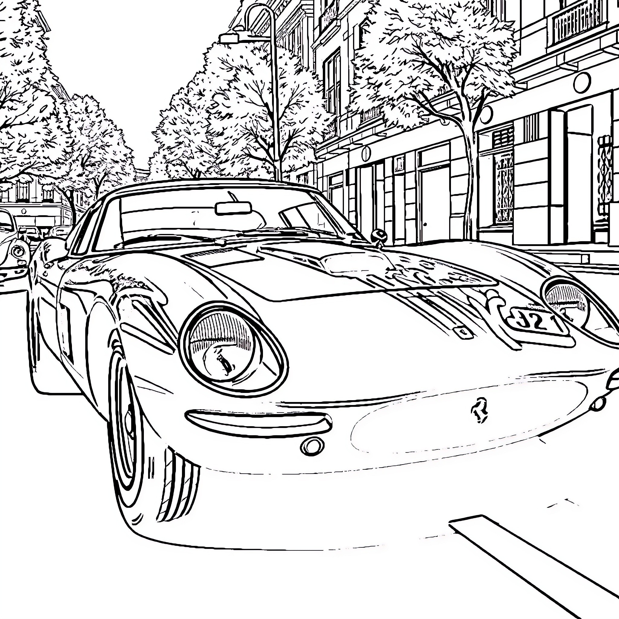 Ferrari Sports Car on Urban Street Coloring Page (free black-and-white line drawing printable PDF for all, from beginners to advanced learners, including children, teens, adults, and seniors)