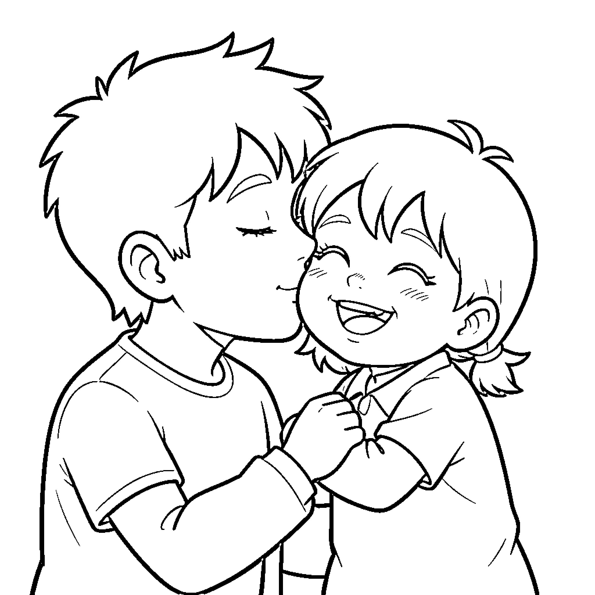 Miky's Joyful Embrace Coloring Page (free black-and-white line drawing printable PDF for all, from beginners to advanced learners, including children, teens, adults, and seniors)