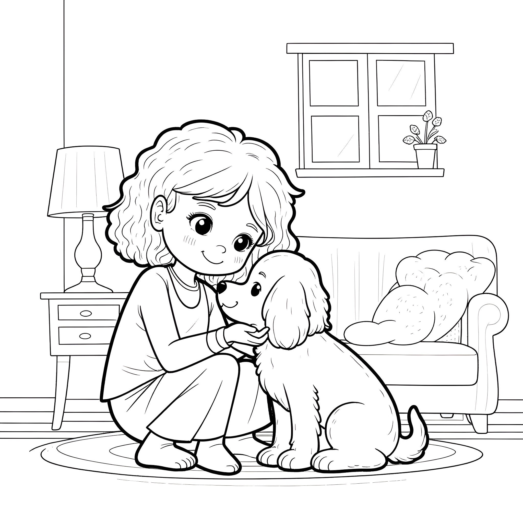 Girl playing with her pet dog in the living room Coloring Page (free black-and-white line drawing printable PDF for all, from beginners to advanced learners, including children, teens, adults, and seniors)