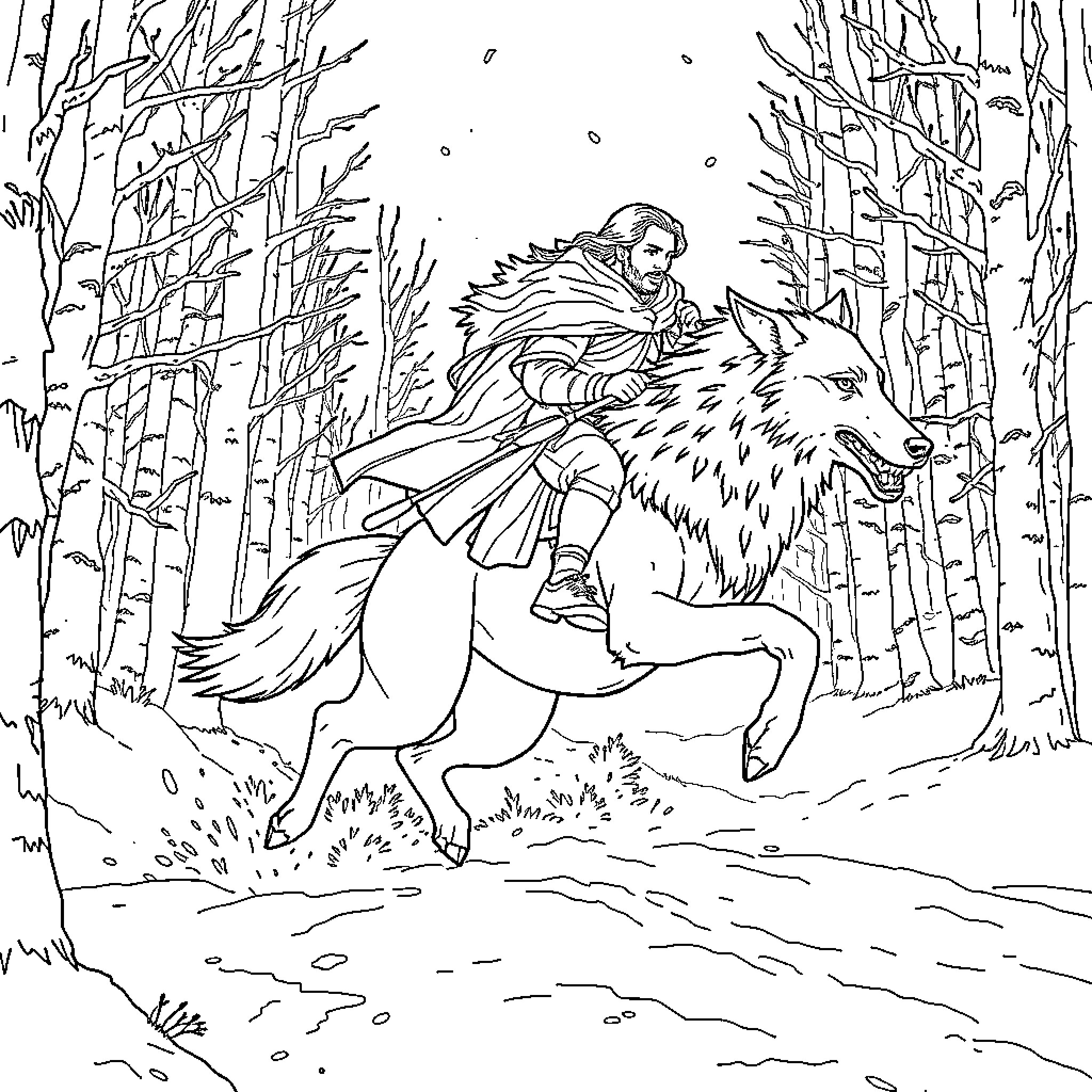 Jon Snow riding a wolf through a snowy forest Coloring Page (free black-and-white line drawing printable PDF for all, from beginners to advanced learners, including children, teens, adults, and seniors)