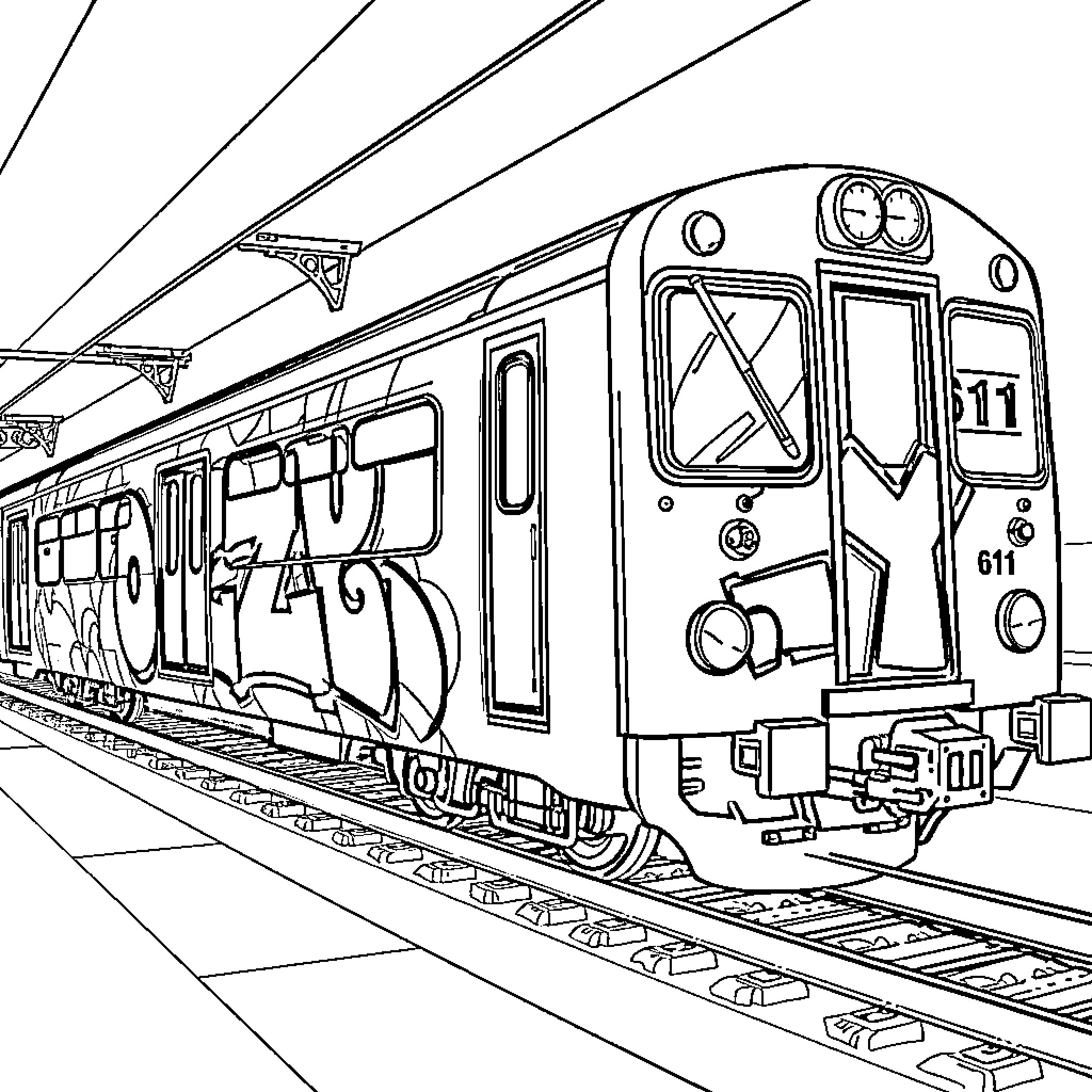 Train arriving at the platform Coloring Page (free black-and-white line drawing printable PDF for all, from beginners to advanced learners, including children, teens, adults, and seniors)