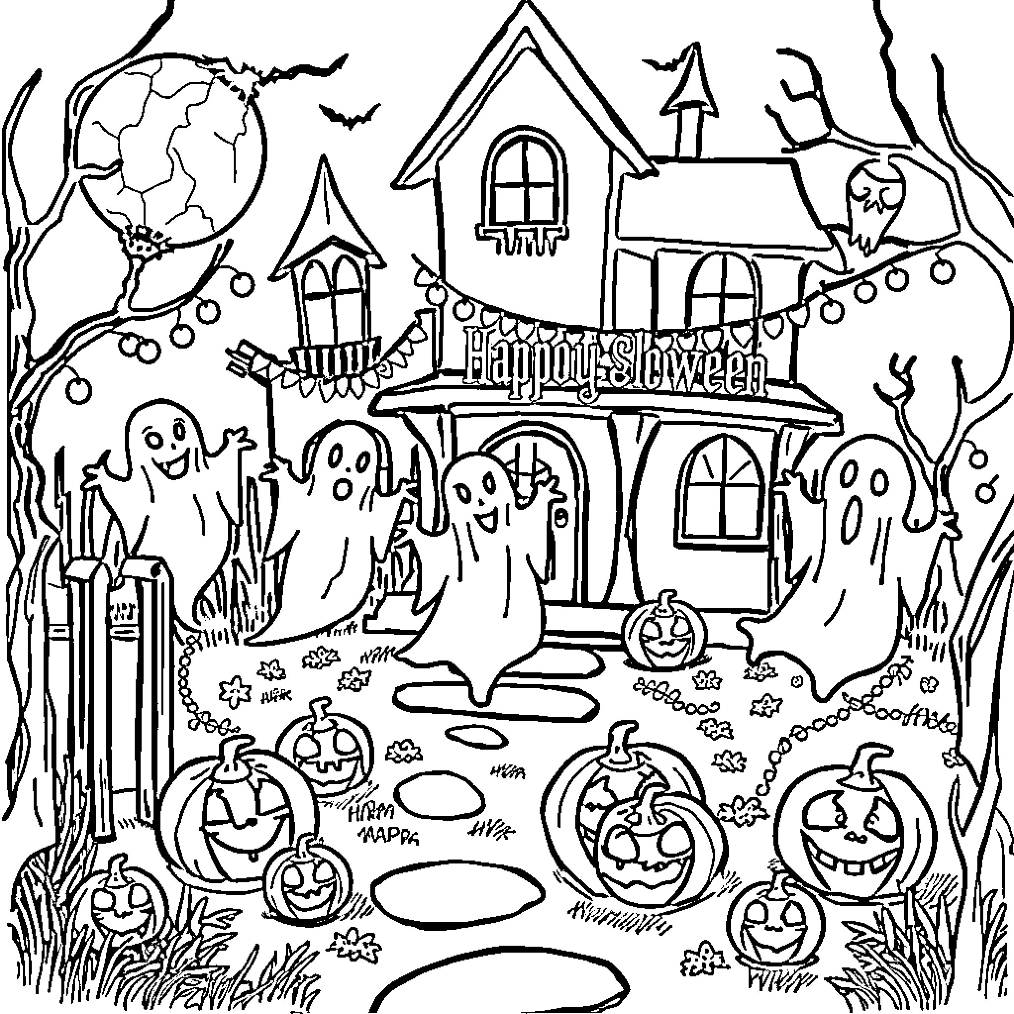 Ghost haunted house on spooky Halloween night Coloring Page (free black-and-white line drawing printable PDF for all, from beginners to advanced learners, including children, teens, adults, and seniors)