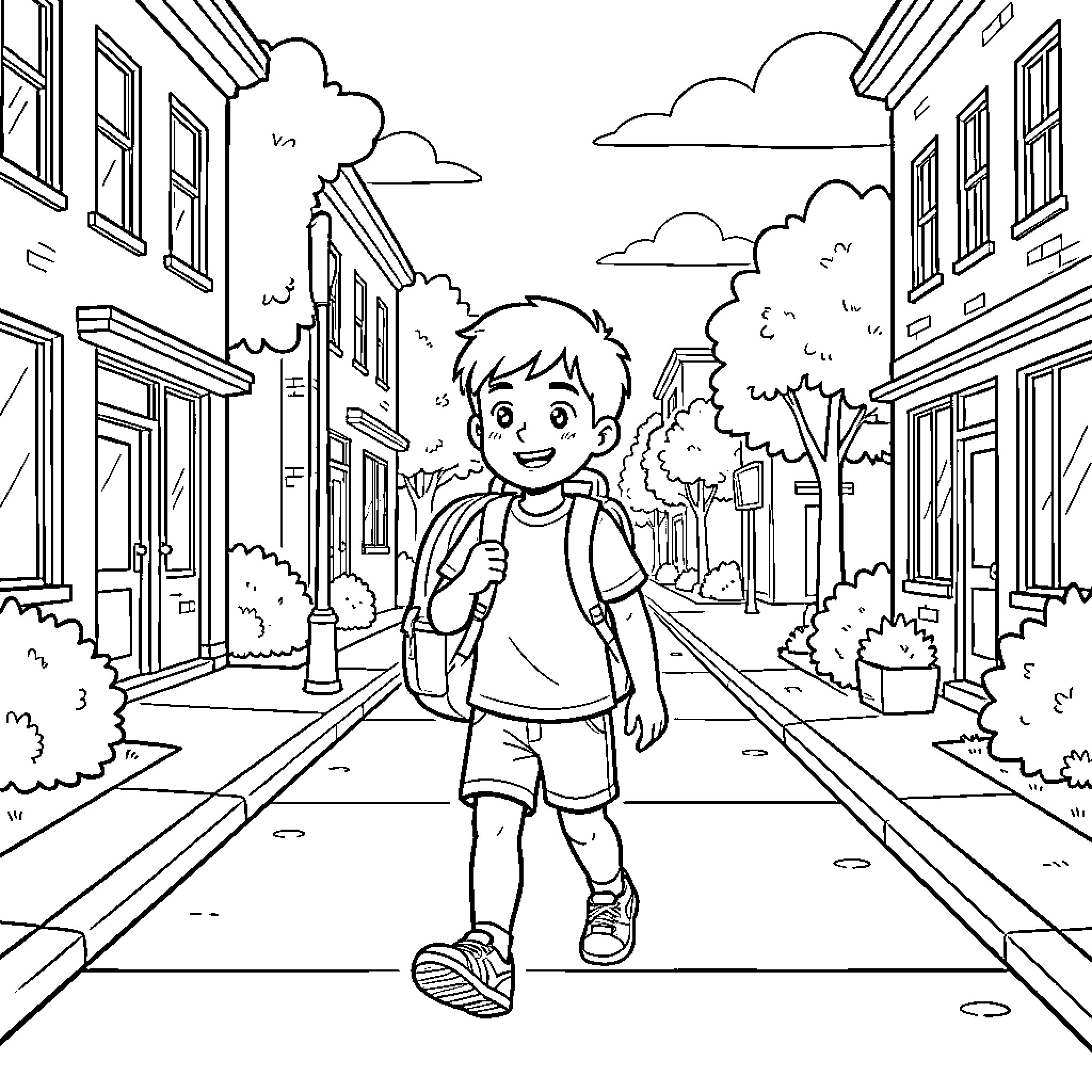 Boy walking happily on a city street Coloring Page (free black-and-white line drawing printable PDF for all, from beginners to advanced learners, including children, teens, adults, and seniors)