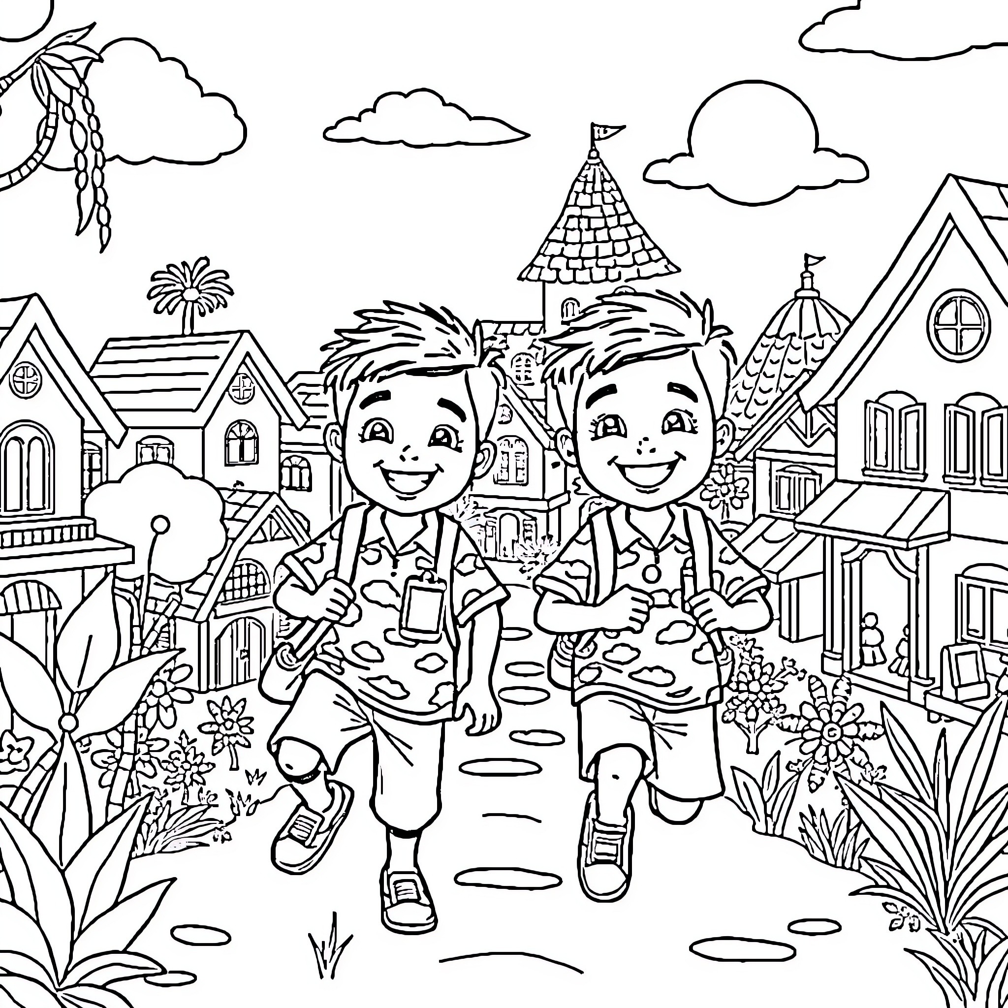 Upin and Ipin Exploring a Whimsical Village Coloring Page (free black-and-white line drawing printable PDF for all, from beginners to advanced learners, including children, teens, adults, and seniors)