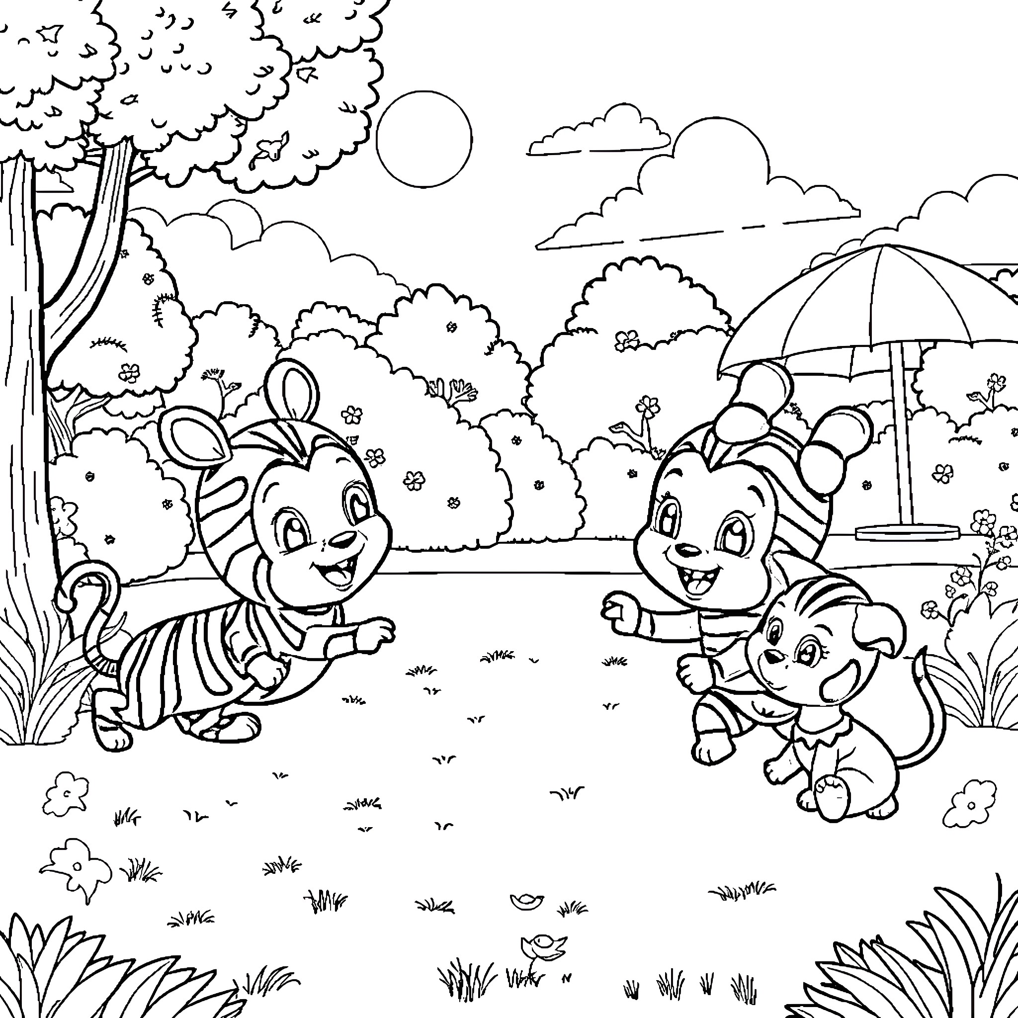Bumba's Joyful Outdoor Adventure Coloring Page (free black-and-white line drawing printable PDF for all, from beginners to advanced learners, including children, teens, adults, and seniors)