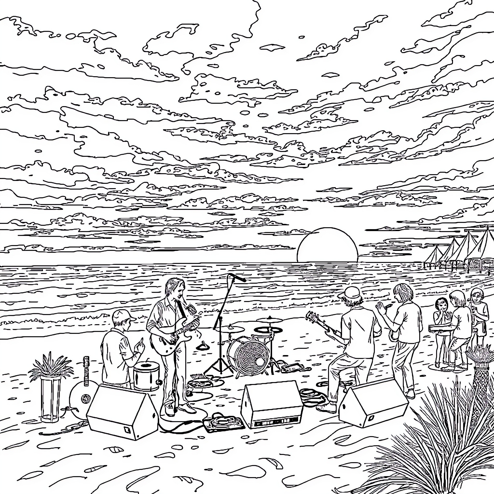 Grateful Dead musicians perform on a beach at sunset Coloring Page (free black-and-white line drawing printable PDF for all, from beginners to advanced learners, including children, teens, adults, and seniors)
