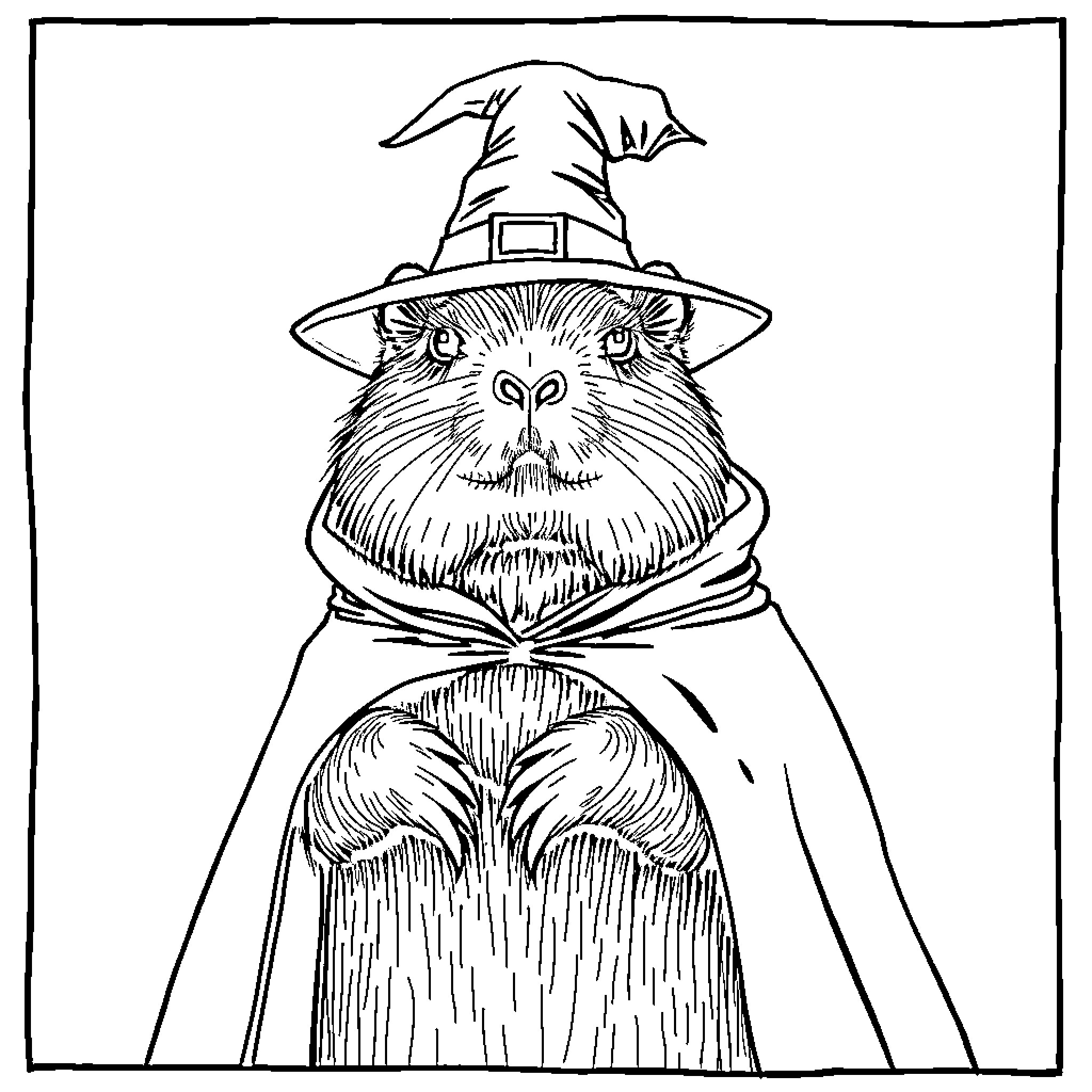 Capybara in Witch's Robe and Hat Coloring Page (free black-and-white line drawing printable PDF for all, from beginners to advanced learners, including children, teens, adults, and seniors)