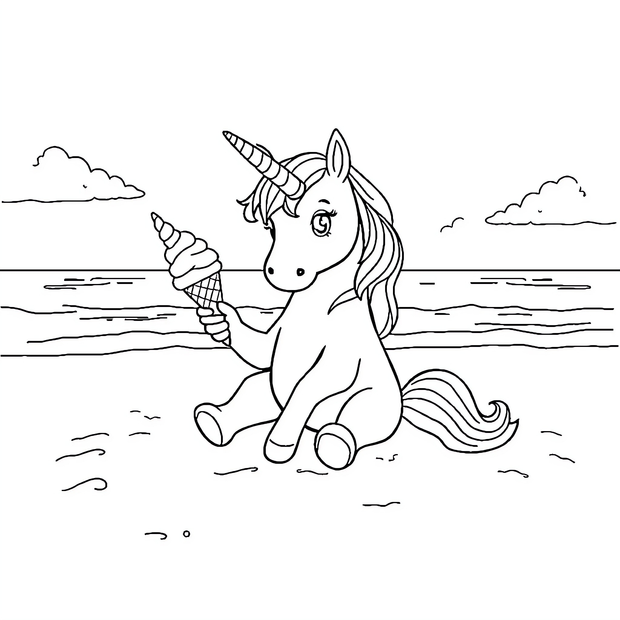Unicorn enjoying an ice cream cone by the sea Coloring Page (free black-and-white line drawing printable PDF for all, from beginners to advanced learners, including children, teens, adults, and seniors)