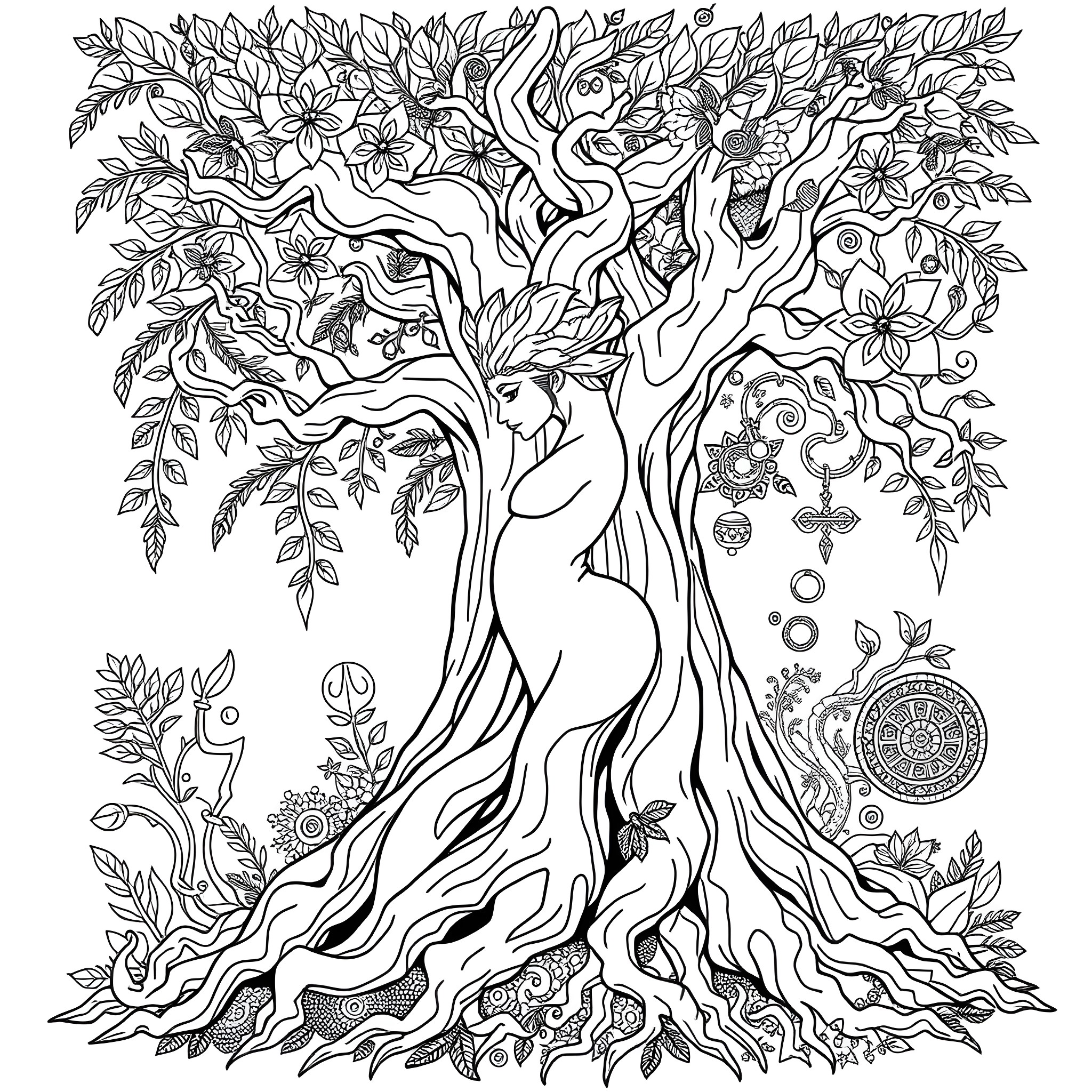Uktena: A Mystical Tree of Life Blossoming with Intricate Details Coloring Page (free black-and-white line drawing printable PDF for all, from beginners to advanced learners, including children, teens, adults, and seniors)
