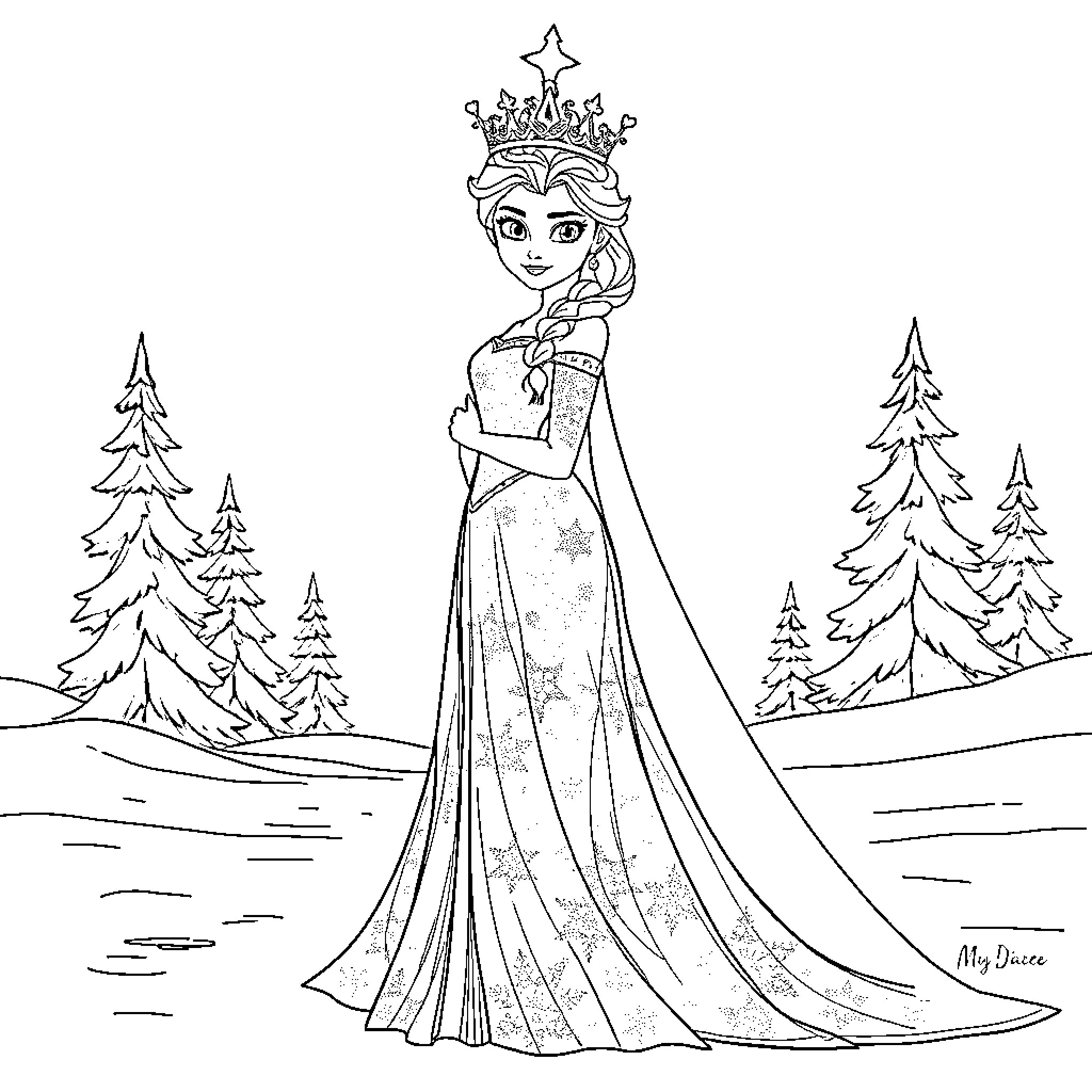 Princess Elsa in a majestic winter scene Coloring Page (free black-and-white line drawing printable PDF for all, from beginners to advanced learners, including children, teens, adults, and seniors)