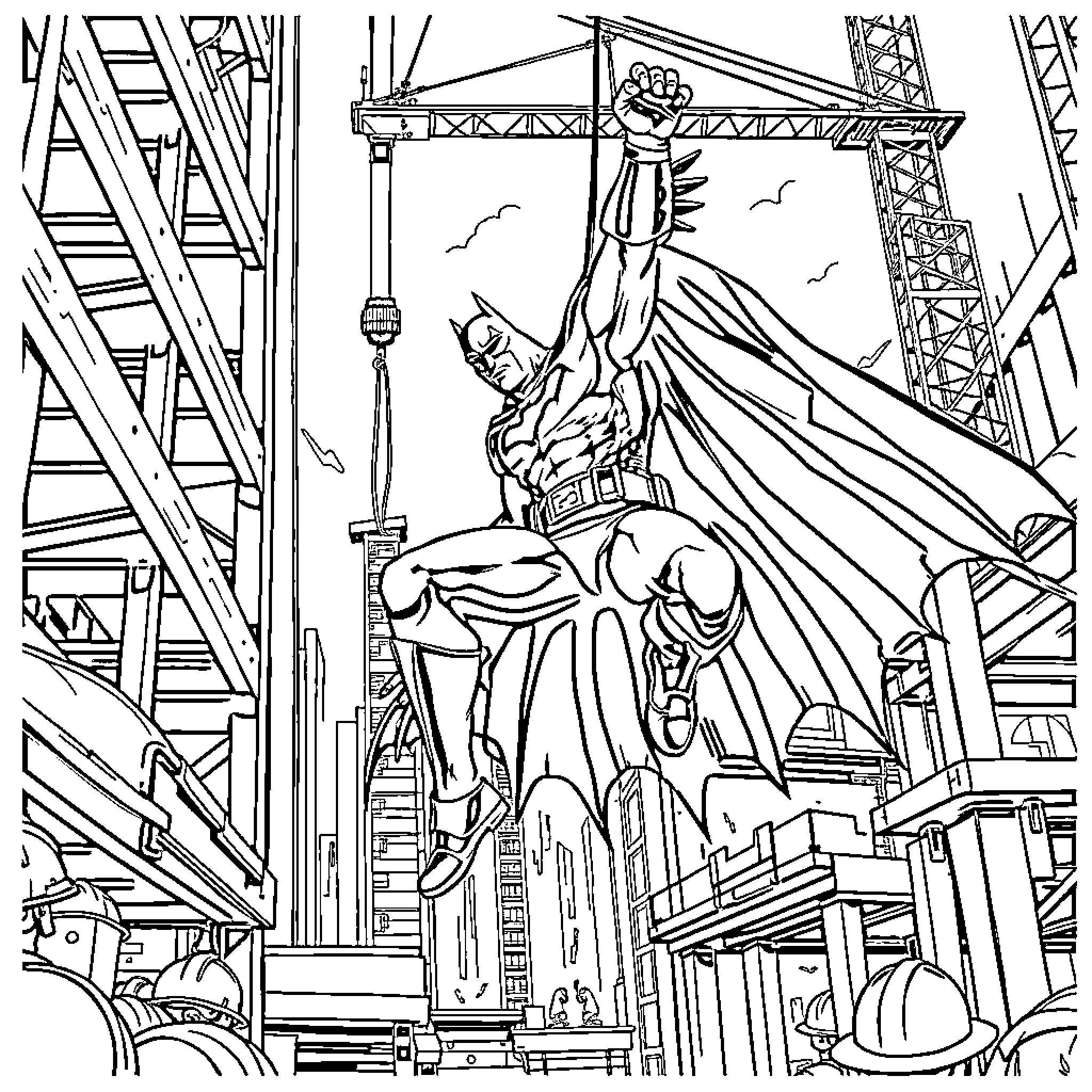 Batman Heroically Leaping into Action Amid City Construction Coloring Page (free black-and-white line drawing printable PDF for all, from beginners to advanced learners, including children, teens, adults, and seniors)