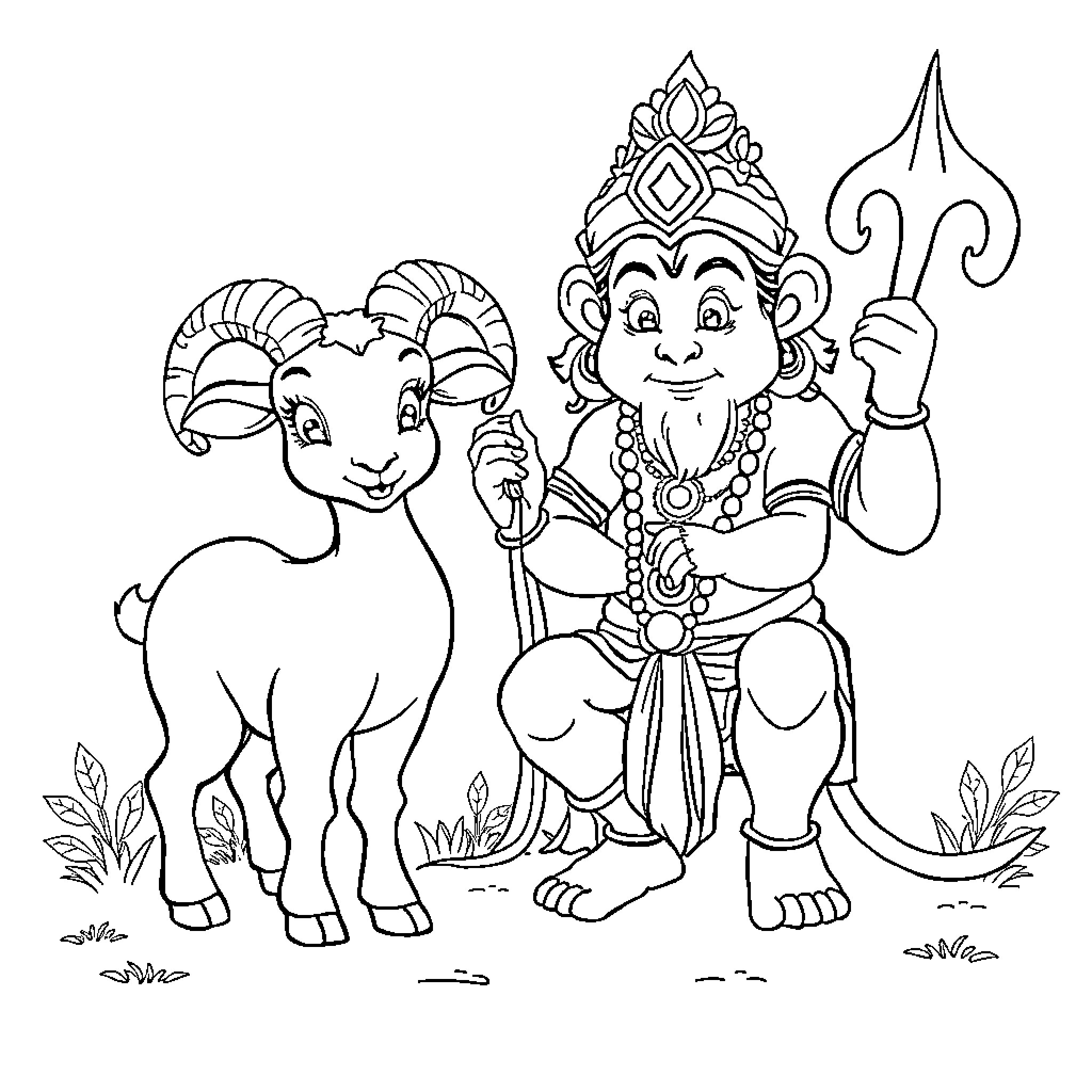 Ram and companion animal in mythical attire Coloring Page (free black-and-white line drawing printable PDF for all, from beginners to advanced learners, including children, teens, adults, and seniors)