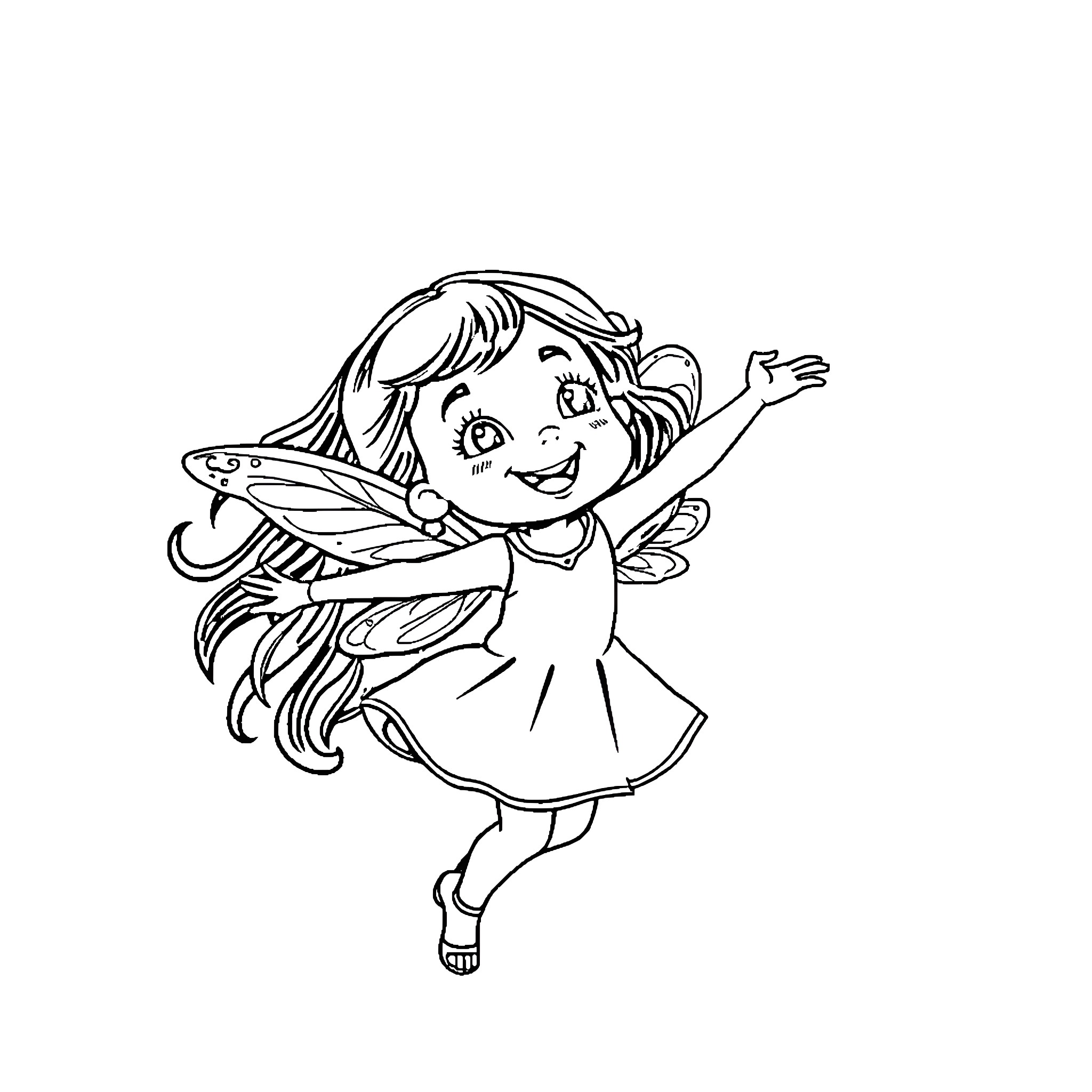 Fairy joyfully dancing with outstretched arms Coloring Page (free black-and-white line drawing printable PDF for all, from beginners to advanced learners, including children, teens, adults, and seniors)