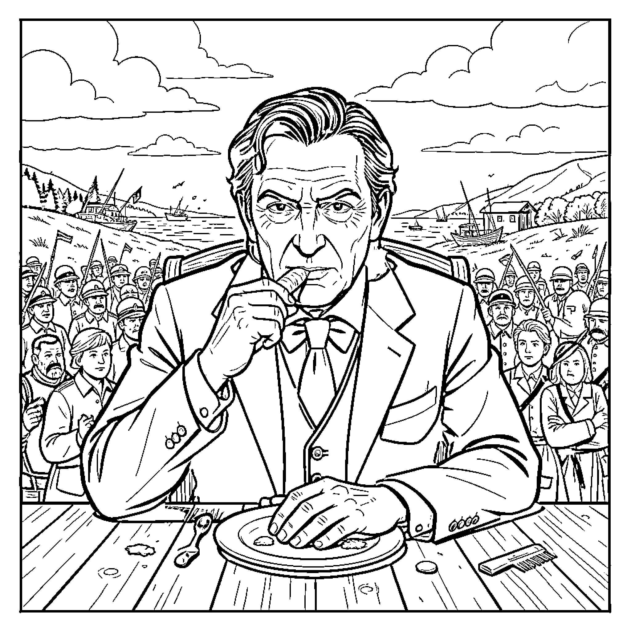 Hannibal Lector eating food at a table Coloring Page (free black-and-white line drawing printable PDF for all, from beginners to advanced learners, including children, teens, adults, and seniors)