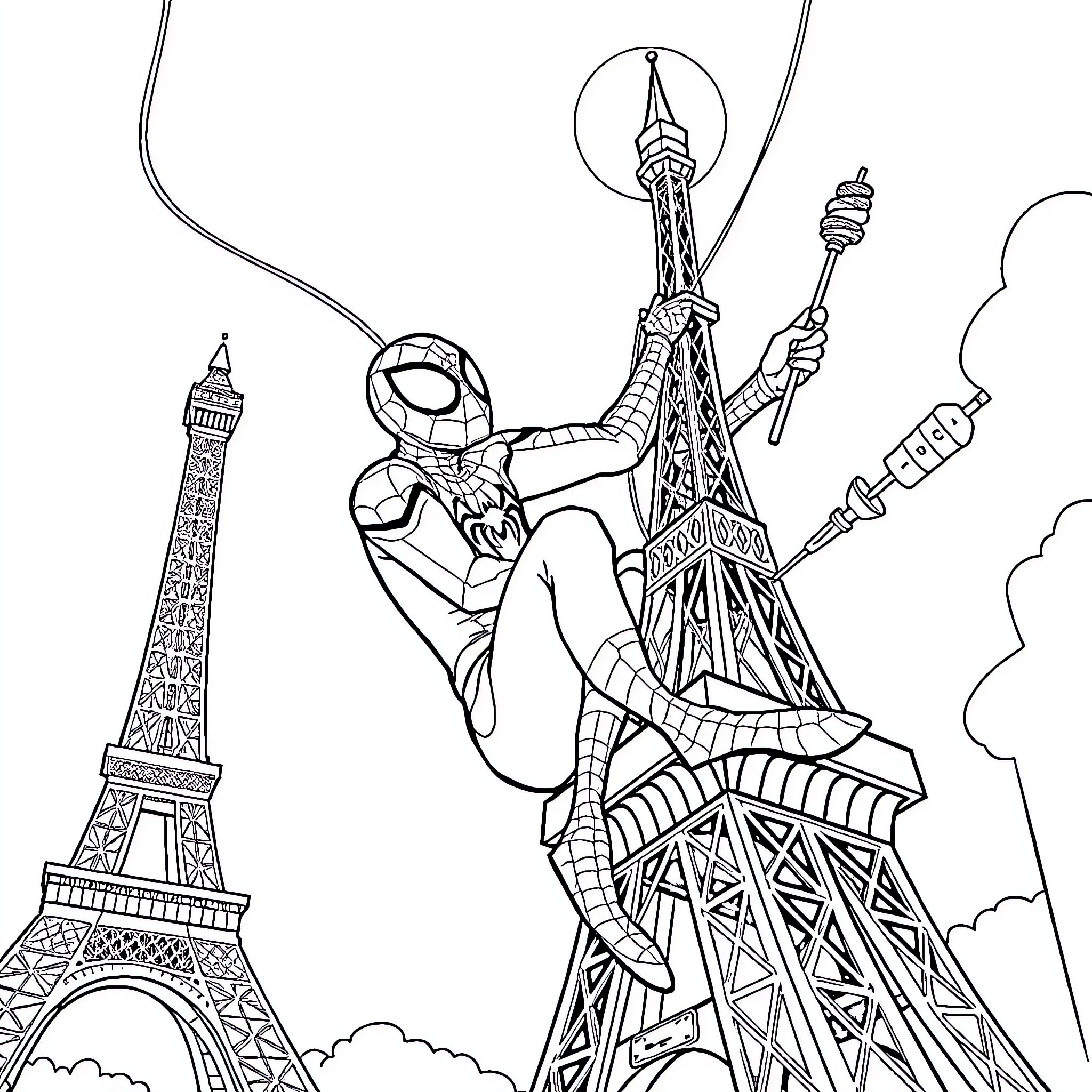 Spiderman swinging over the Eiffel Tower Coloring Page (free black-and-white line drawing printable PDF for all, from beginners to advanced learners, including children, teens, adults, and seniors)