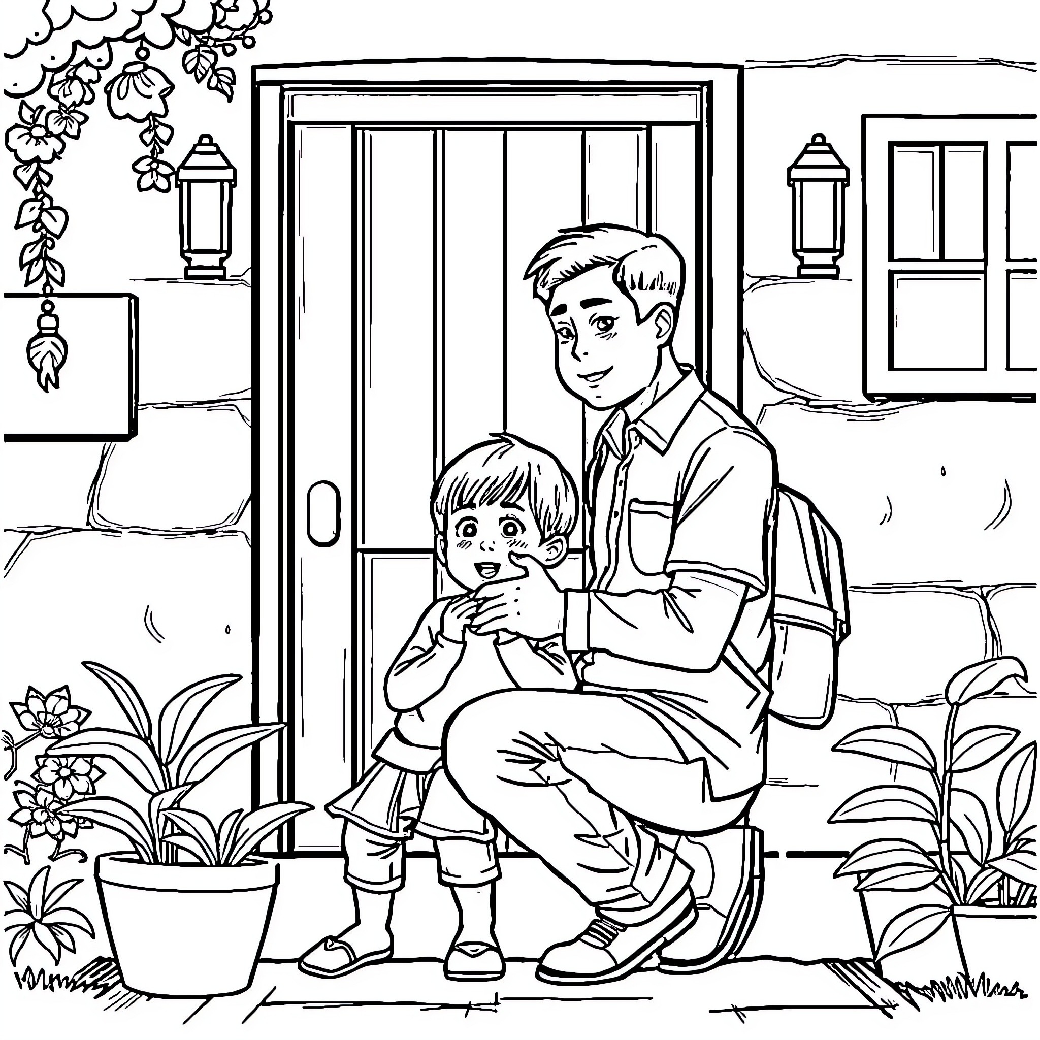 Father and son enjoying time together outdoors Coloring Page (free black-and-white line drawing printable PDF for all, from beginners to advanced learners, including children, teens, adults, and seniors)