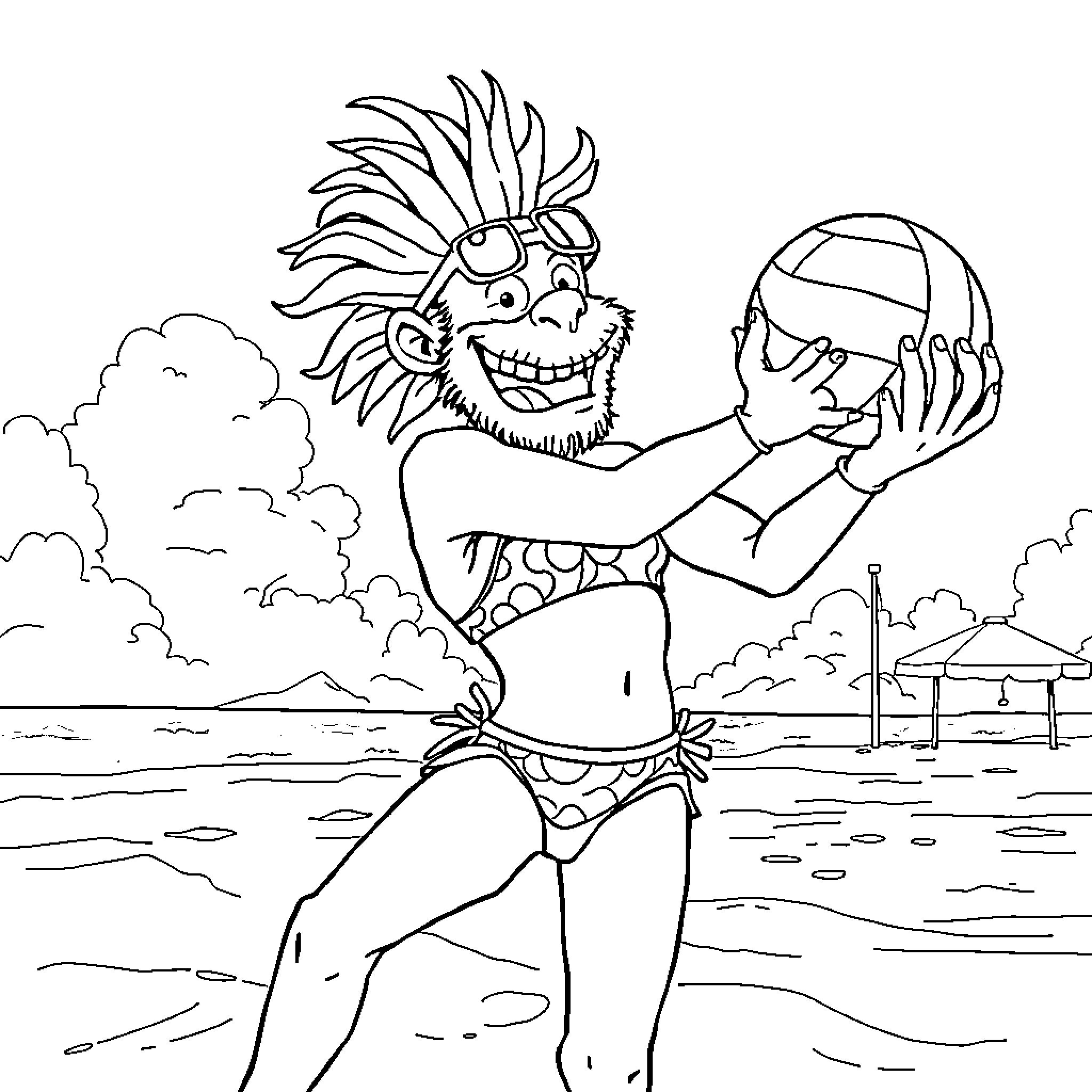Junkrat goofing around on the beach Coloring Page (free black-and-white line drawing printable PDF for all, from beginners to advanced learners, including children, teens, adults, and seniors)