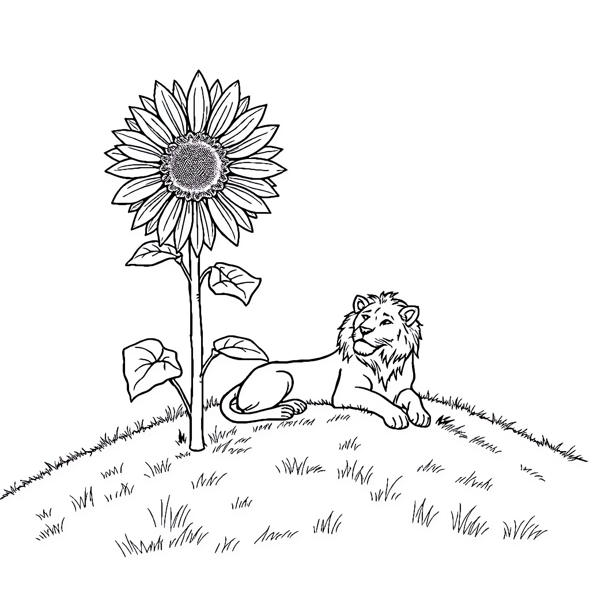 Sunflower and lion in field Coloring Page (free black-and-white line drawing printable PDF for all, from beginners to advanced learners, including children, teens, adults, and seniors)