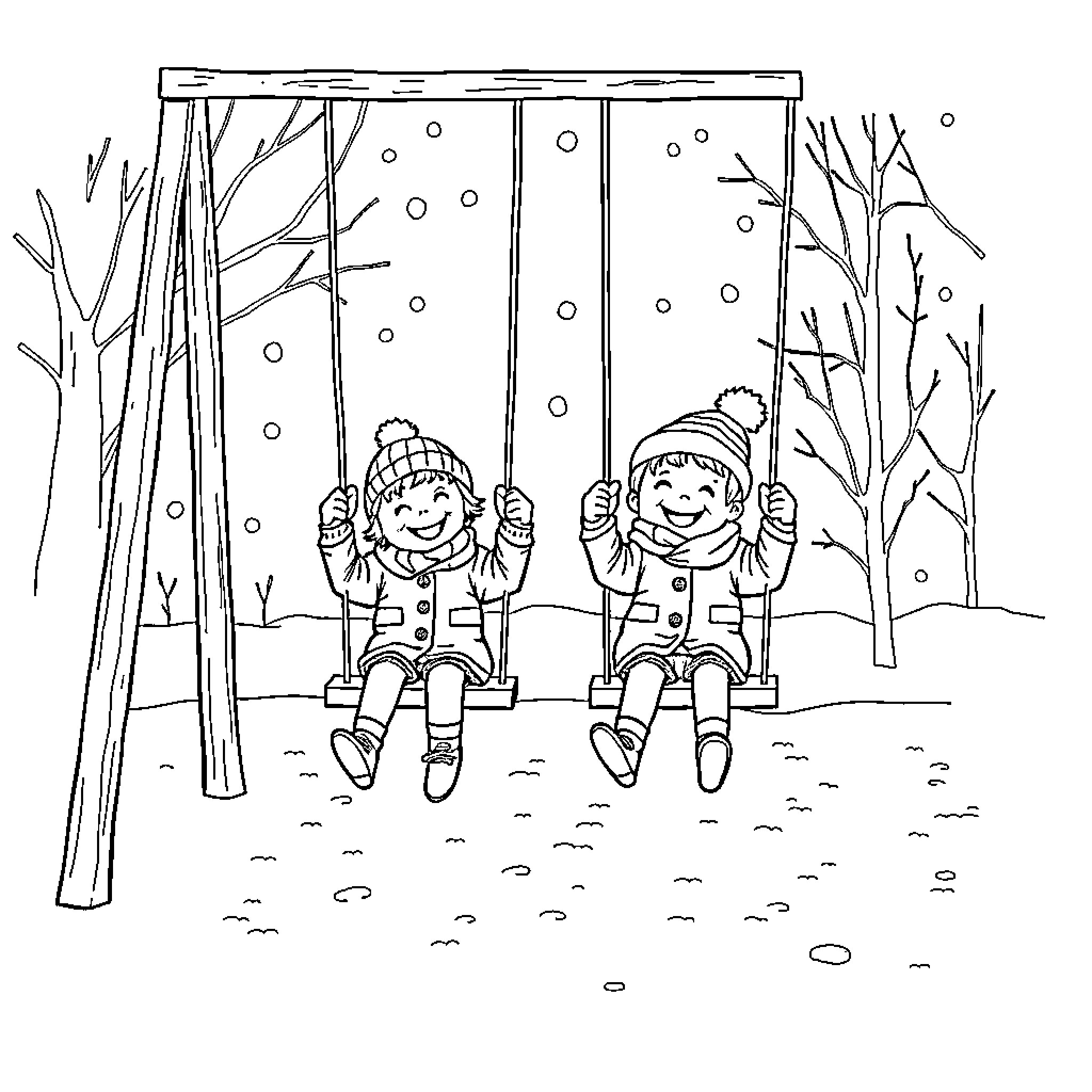 Kid swinging on a snowy winter day Coloring Page (free black-and-white line drawing printable PDF for all, from beginners to advanced learners, including children, teens, adults, and seniors)
