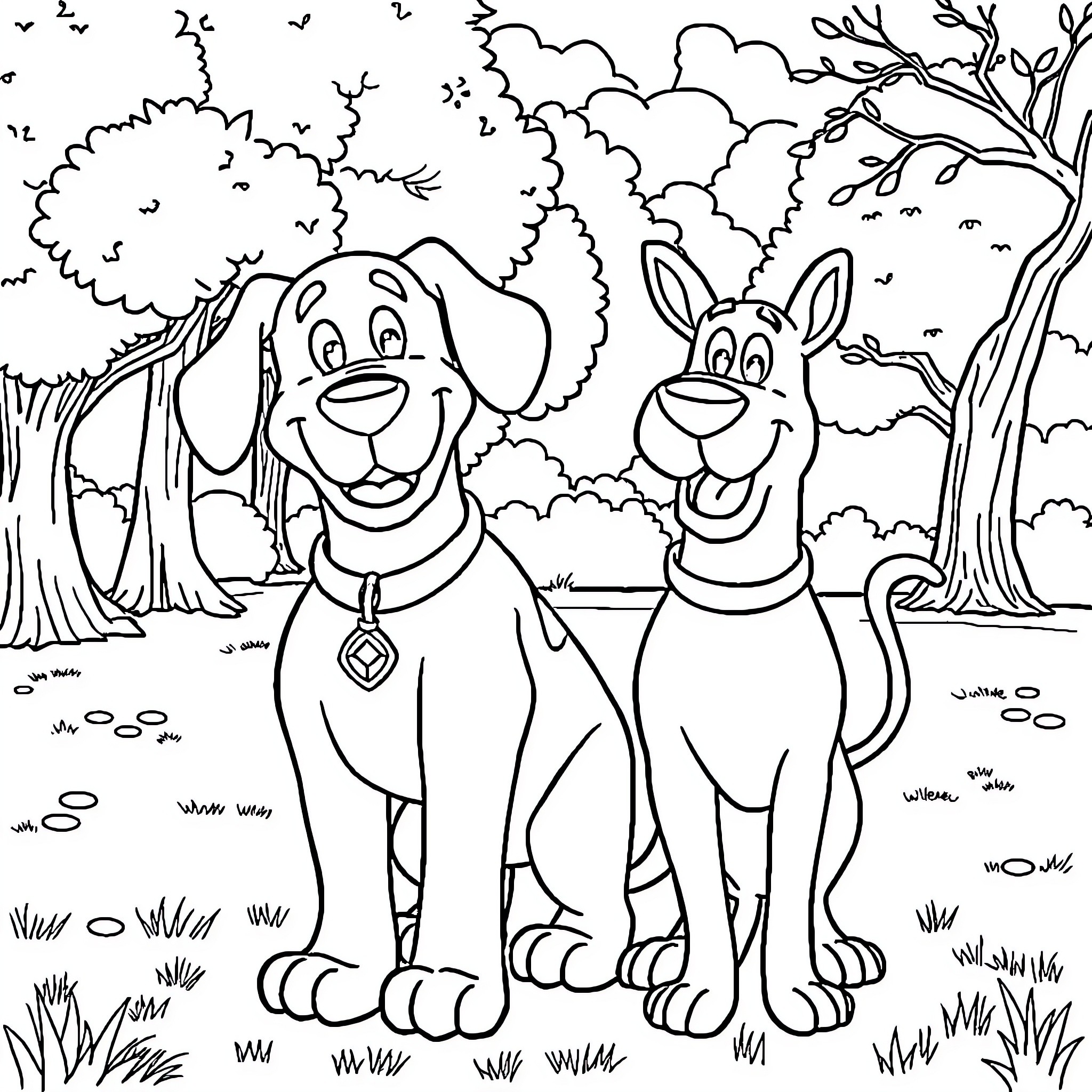 Clifford and friend explore the enchanting forest Coloring Page (free black-and-white line drawing printable PDF for all, from beginners to advanced learners, including children, teens, adults, and seniors)