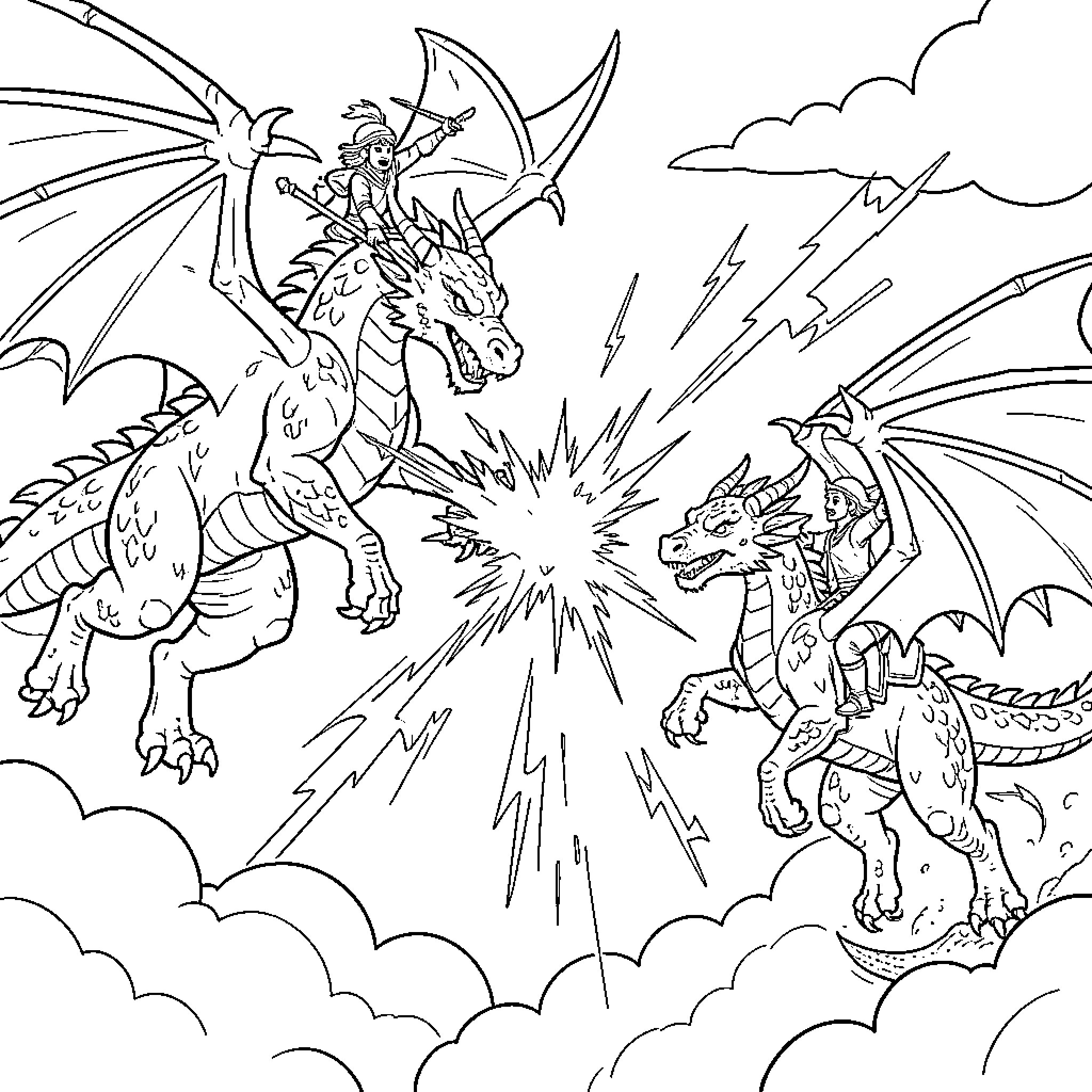 Dragon Warriors Engaged in Fierce Battle Coloring Page (free black-and-white line drawing printable PDF for all, from beginners to advanced learners, including children, teens, adults, and seniors)