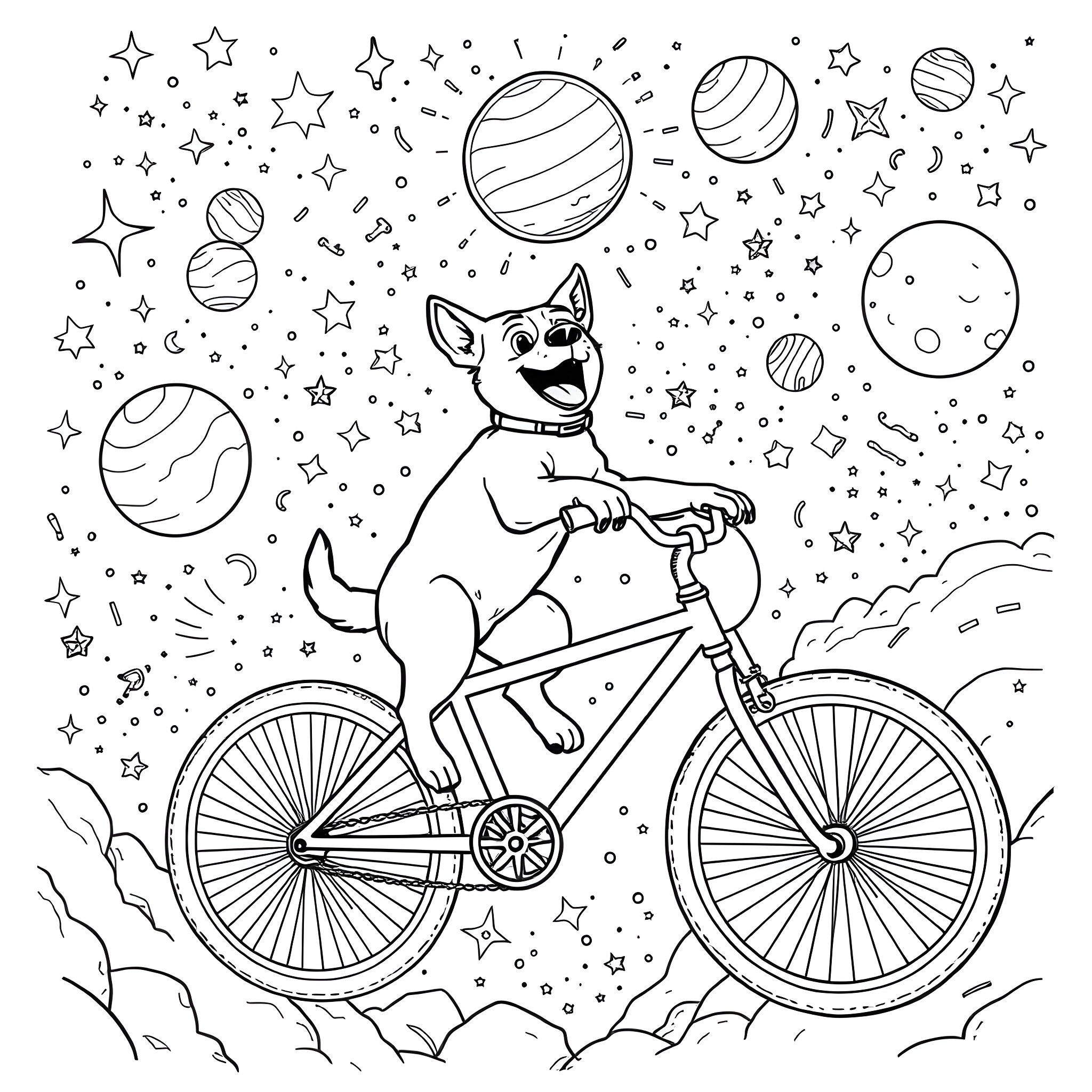 Dog riding bicycle in space with stars Coloring Page (free black-and-white line drawing printable PDF for all, from beginners to advanced learners, including children, teens, adults, and seniors)