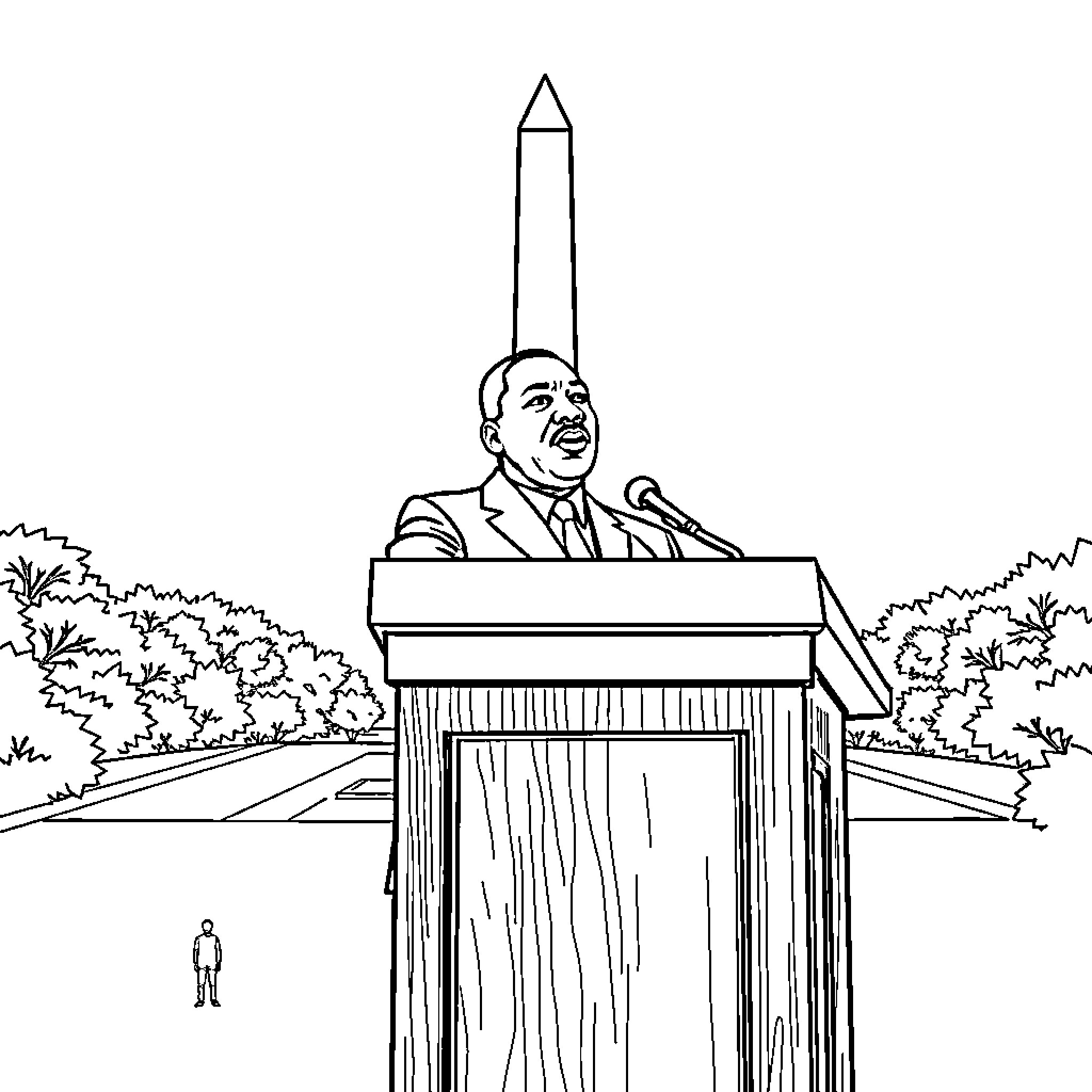 Martin Luther King Jr. Delivers Powerful Speech Coloring Page (free black-and-white line drawing printable PDF for all, from beginners to advanced learners, including children, teens, adults, and seniors)