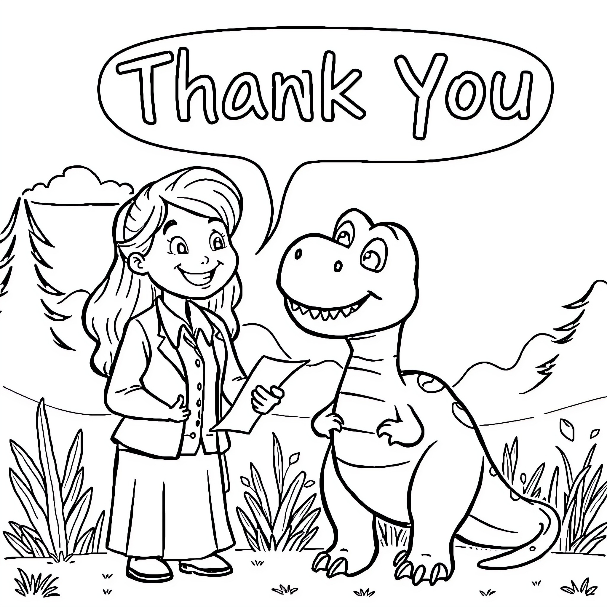 Dinosaur and young girl thanking each other in nature Coloring Page (free black-and-white line drawing printable PDF for all, from beginners to advanced learners, including children, teens, adults, and seniors)