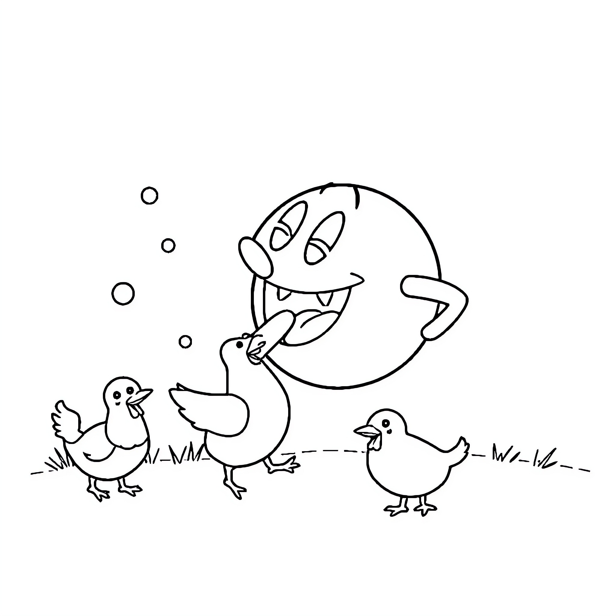 Pacman chasing ducklings through the meadow Coloring Page (free black-and-white line drawing printable PDF for all, from beginners to advanced learners, including children, teens, adults, and seniors)