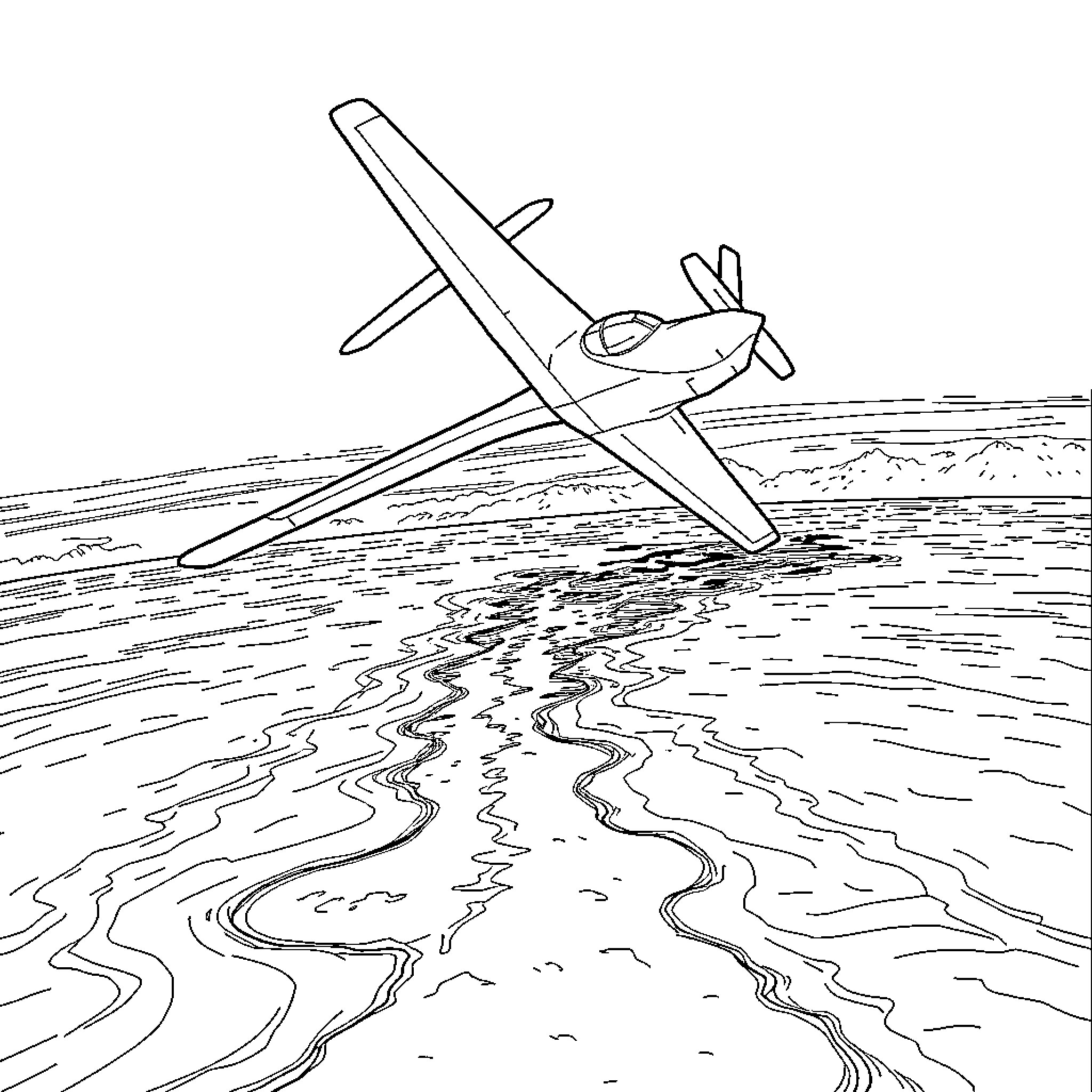 DO228 Aircraft Taking Off over the Ocean Coloring Page (free black-and-white line drawing printable PDF for all, from beginners to advanced learners, including children, teens, adults, and seniors)